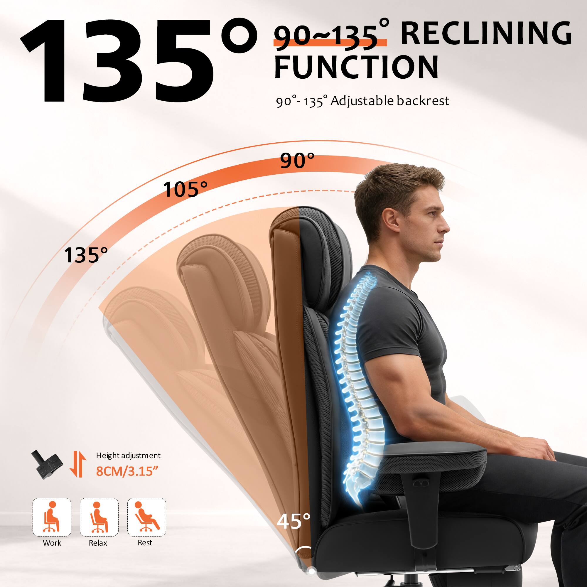 90°-135° RECLINING FUNCTION  
90°-135° Adjustable backrest  
Height adjustment: 8CM/3.15"  
Work, Relax, Rest
