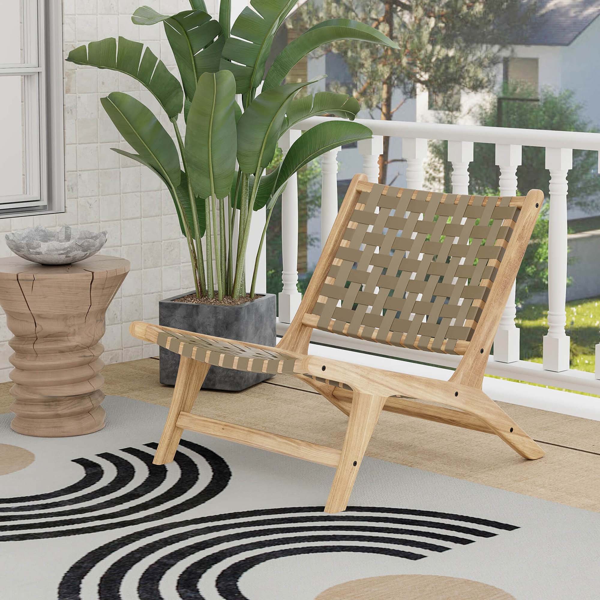 Alt View 4. Costway - Costway Modern Teak Wood Lounge Chair with Nylon Woven Backrest & Seat Comfy Reading Chair - Brown.