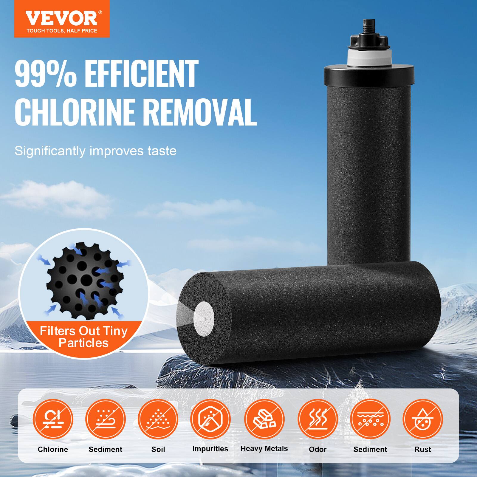 VEVOR  
TOUGH TOOLS, HALF PRICE  

99% EFFICIENT CHLORINE REMOVAL  

Significantly improves taste  

Filters Out Tiny Particles  

Chlorine  
Sediment  
Soil  
Impurities  
Heavy Metals  
Odor  
Sediment  
Rust