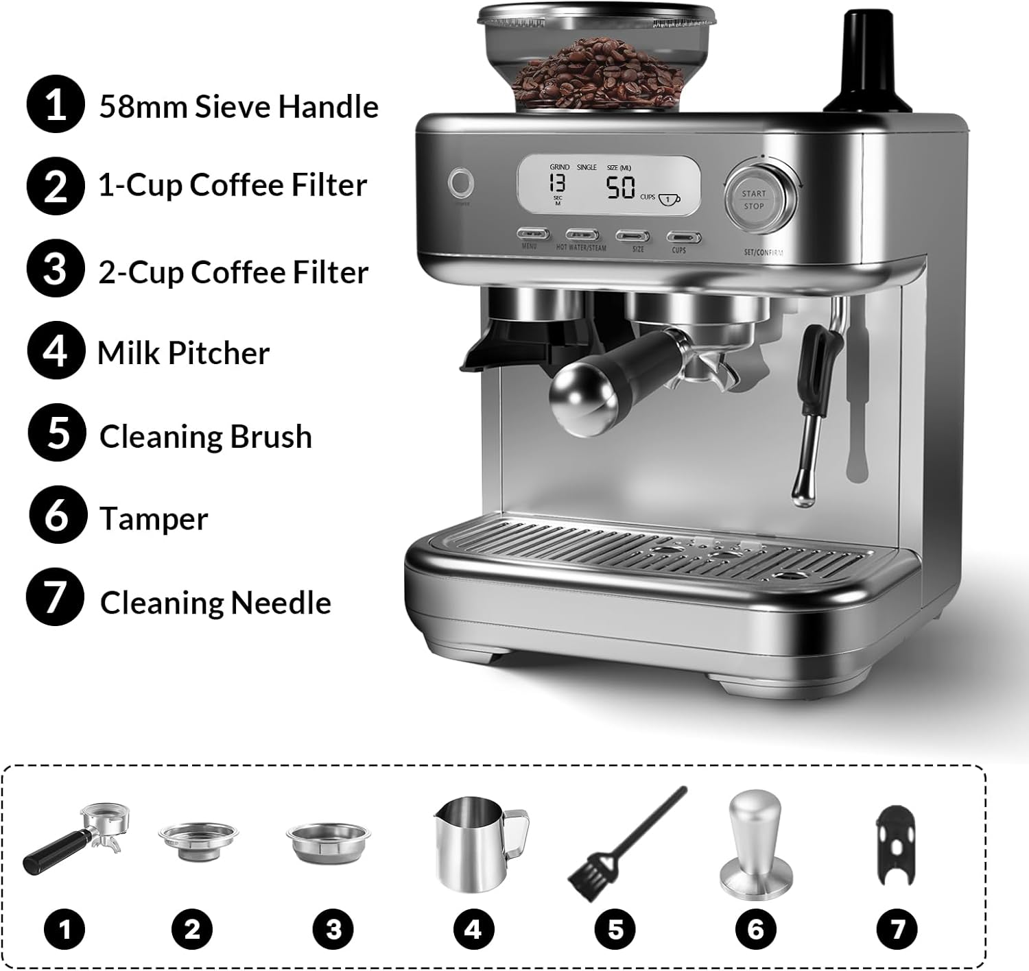 1. 58mm Sieve Handle  
2. 1-Cup Coffee Filter  
3. 2-Cup Coffee Filter  
4. Milk Pitcher  
5. Cleaning Brush  
6. Tamper  
7. Cleaning Needle