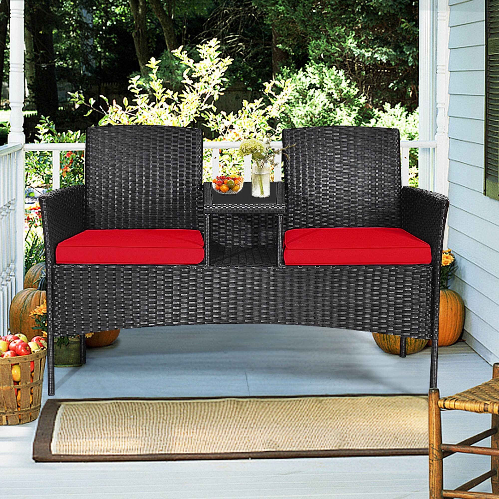 Alt View 2. Gymax - Gymax Rattan Wicker Patio Conversation Set w/ Table Red Cushion - Red.