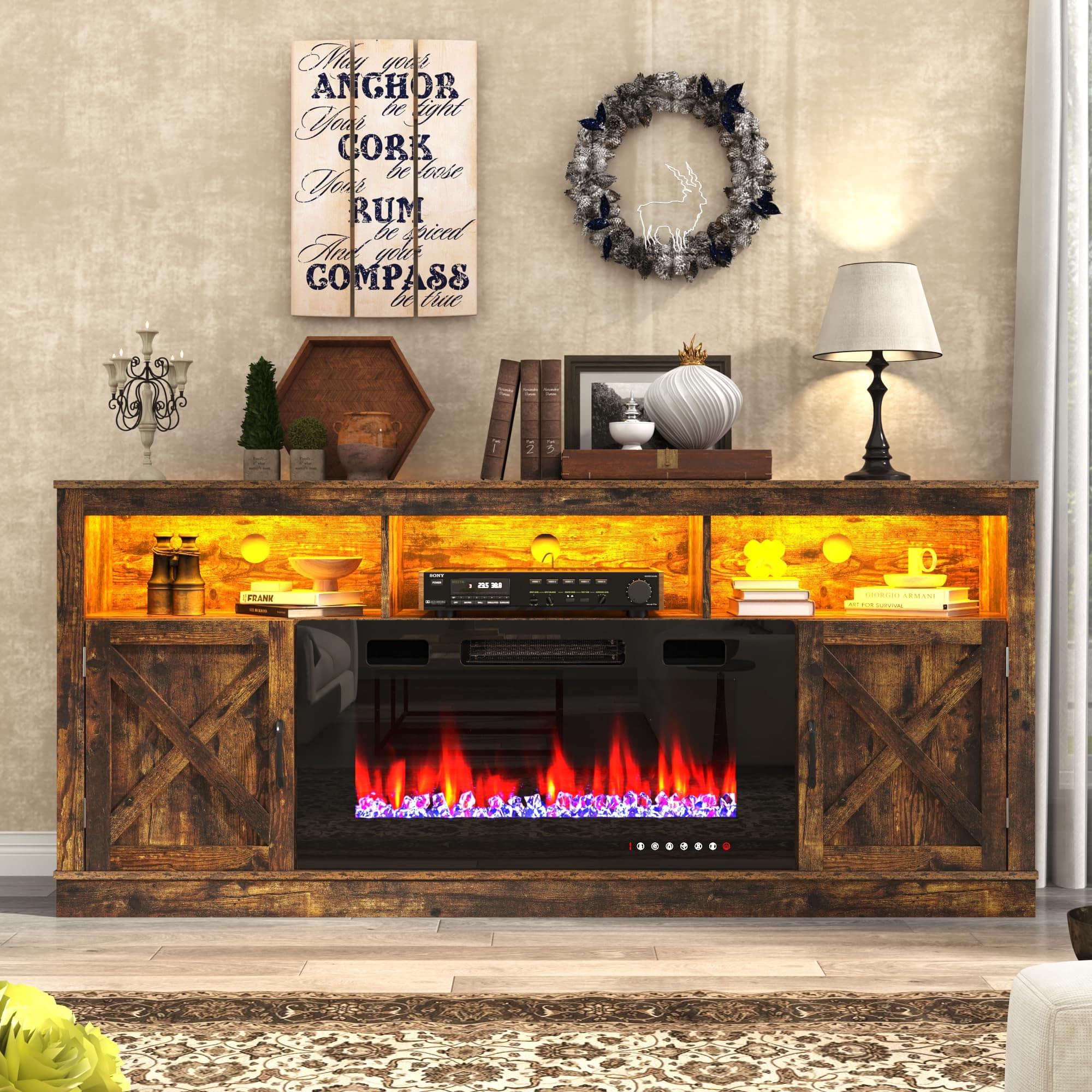 Lent Glitter Wood - 70" Farmhouse TV Stand with Electric Fireplace, LED Lights & Barn Door Storage - Brown