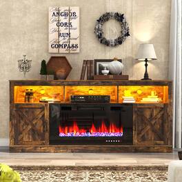 Lent Glitter Wood - 70" Farmhouse TV Stand with Electric Fireplace, LED Lights & Barn Door Storage - Brown