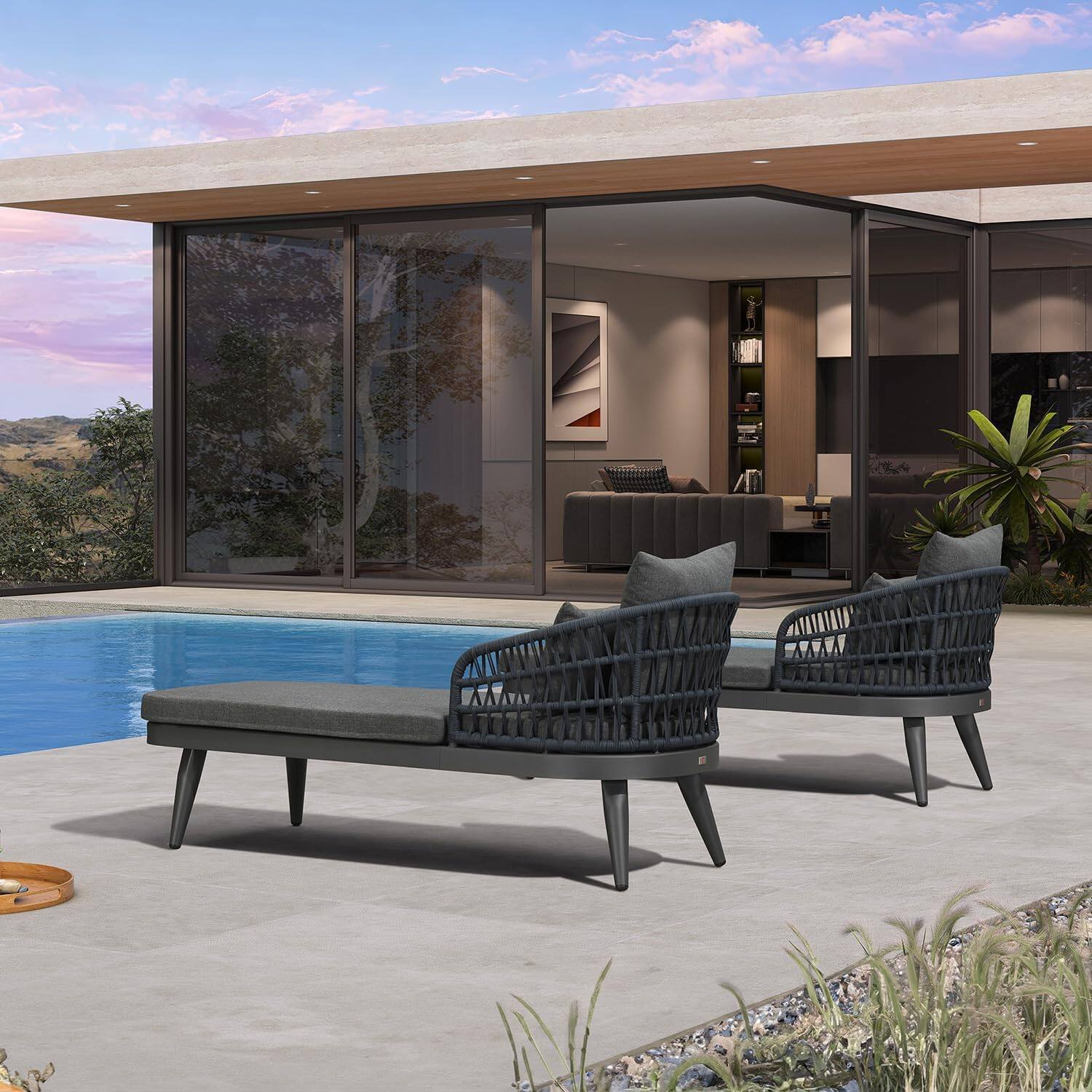 Alt View 1. PURPLE LEAF - 2 Pieces Aluminum Pool Lounge Chairs for Outdoor with 2 Cushions - Slate Grey.