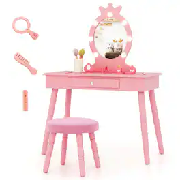 Costway - Kids Vanity Set Princess Vanity Table & Chair Set with Lighted Mirror - Pink