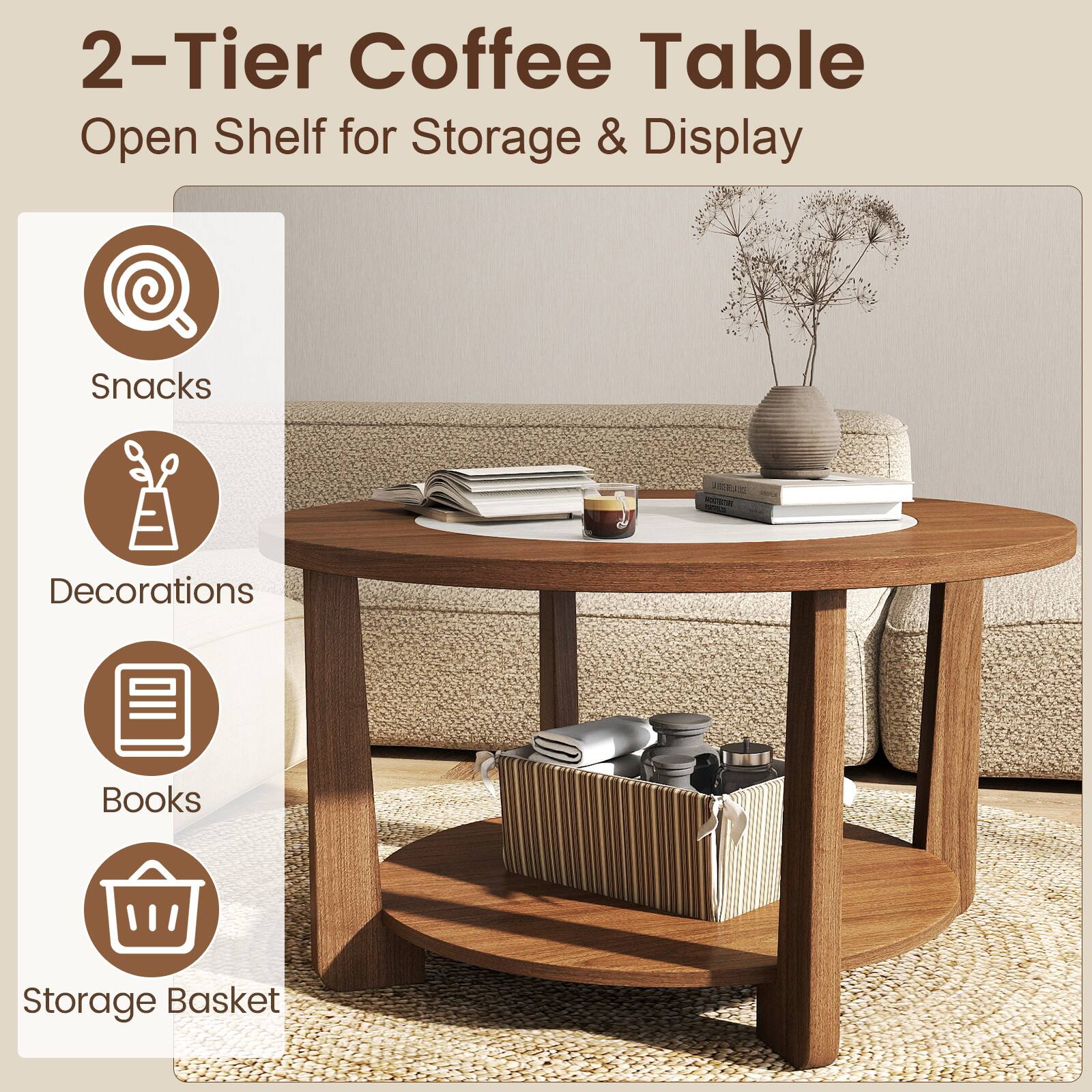 2-Tier Coffee Table  
Open Shelf for Storage & Display  

- Snacks  
- Decorations  
- Books  
- Storage Basket