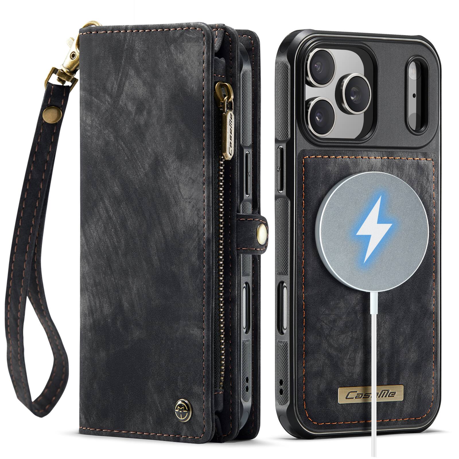 Angle. UUCOVER - Detachable Magnetic Zipper Wallet Case for Apple iPhone 18 Pro Max with RFID Card Slots and Wrist Strap, Flip Kickstand - Black.