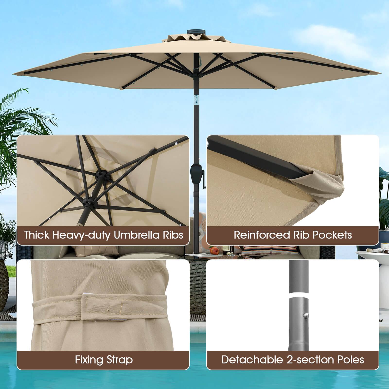 The image shows a large umbrella with a thick, heavy-duty design. It features reinforced rib pockets and a fixing strap, making it a durable and reliable option for outdoor use. Additionally, the umbrella has detachable 2-section poles, allowing for easy storage and transportation.