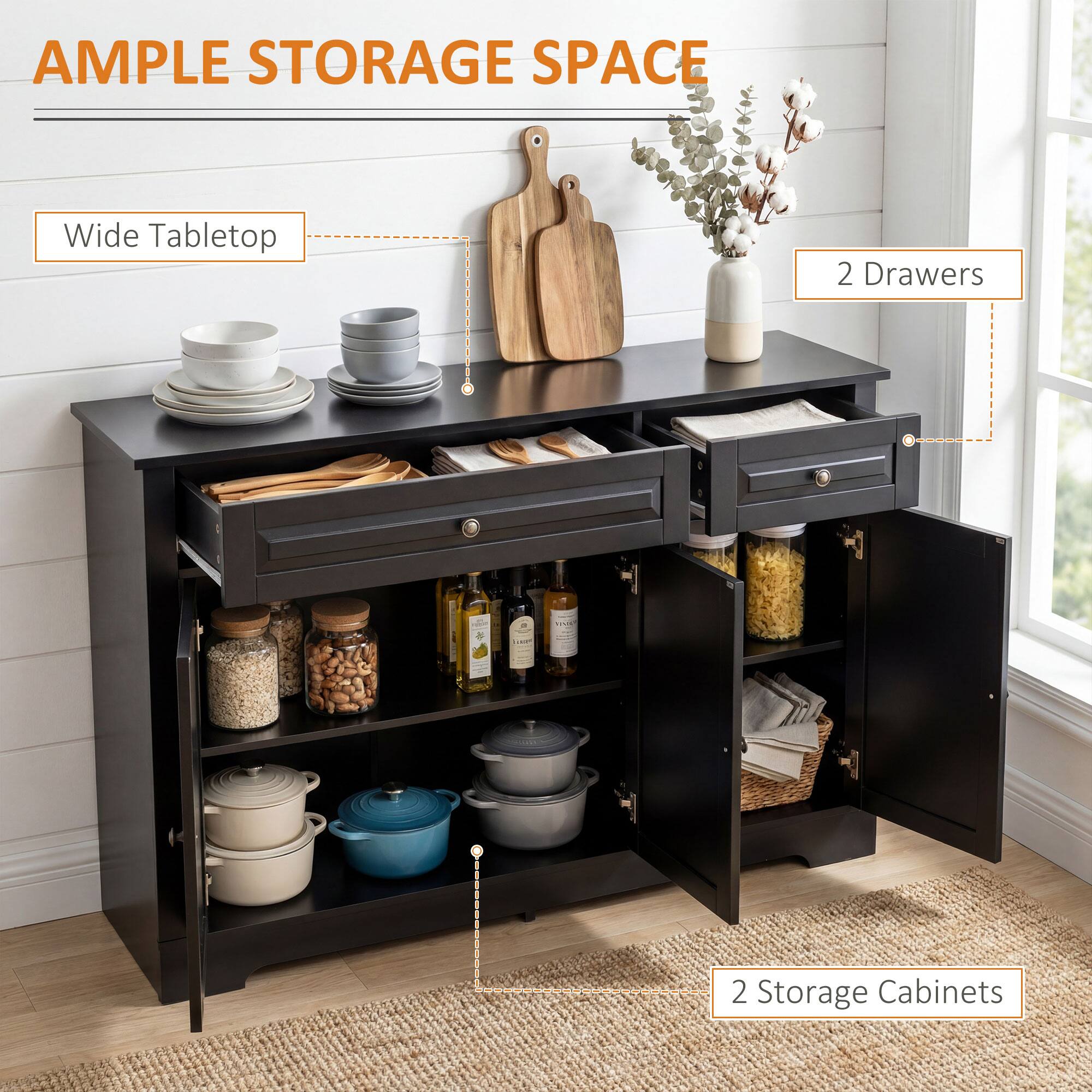 AMPLE STORAGE SPACE

- Wide Tabletop
- 2 Drawers
- 2 Storage Cabinets