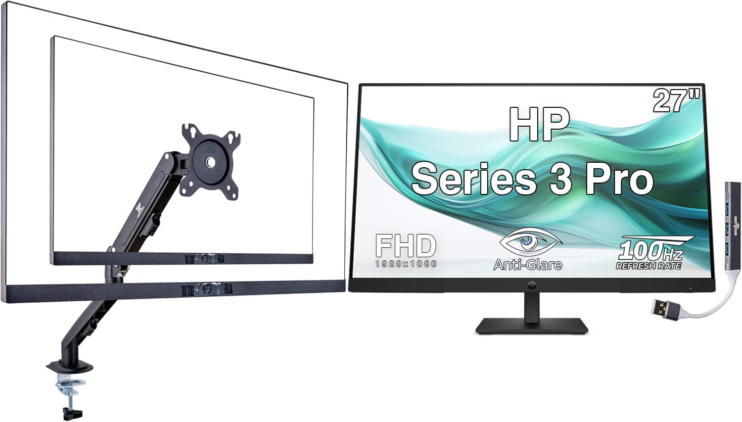 HP - Series 3 Pro 27" FHD IPS Monitor with 5ms Response Time, Anti-Glare, HDMI, w/DKZ Hub & Ergoflexy Single Mount Arm - Black