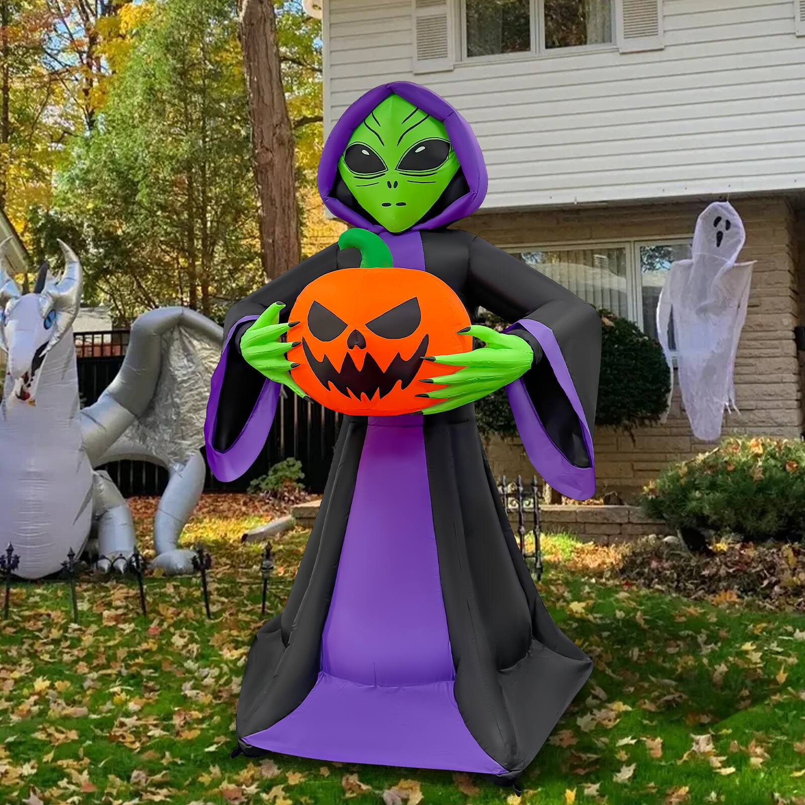 Back. GOOSH Inflatables - GOOSH 8FT Inflatable Alien Holding Pumpkin – Light-Up Halloween Yard Decoration - Black.