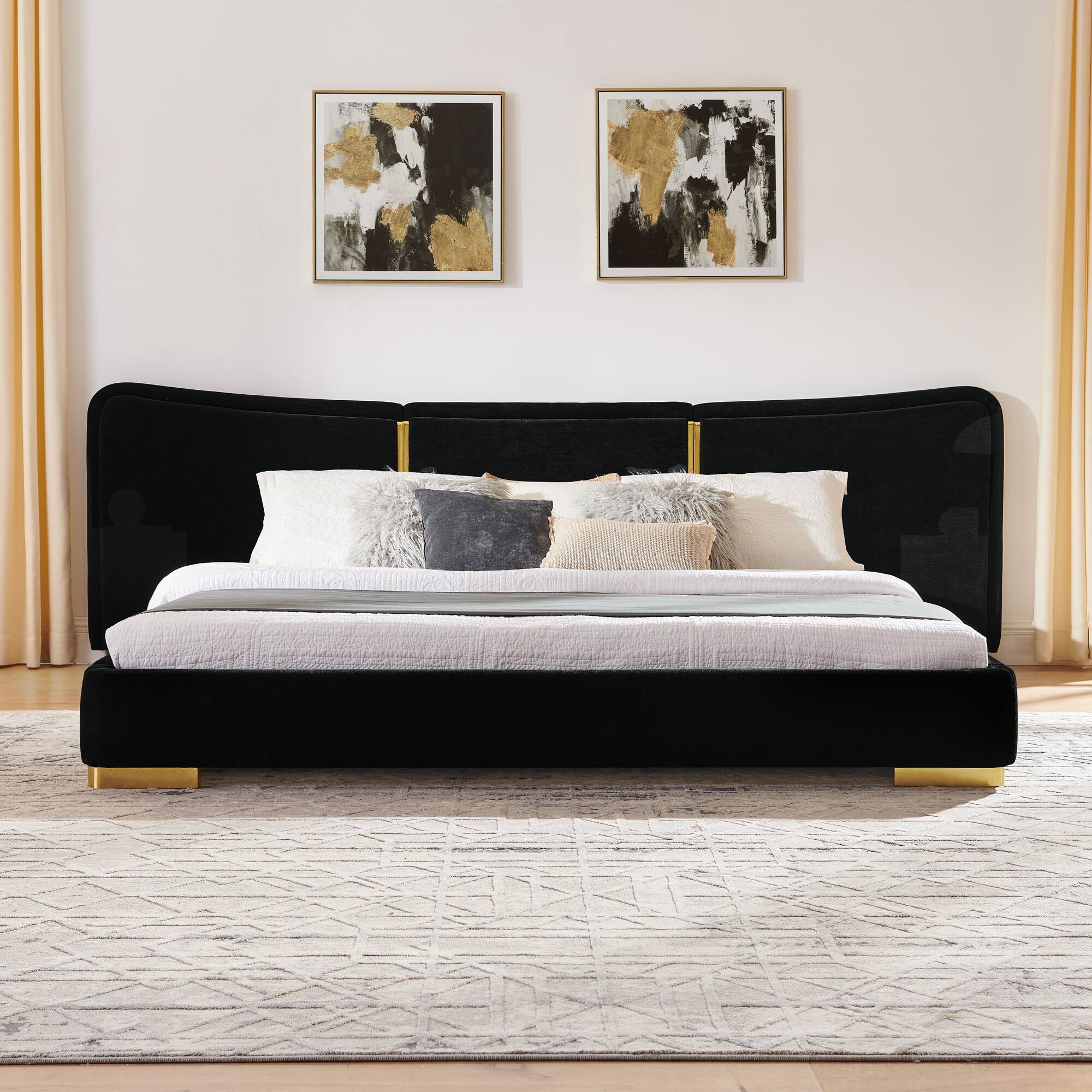 Angle. Whisen - Upholstered Platform Bed,Soft Chenille Fabric Frame with Curved Headboard & Metal Legs - Black.