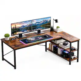 Sweet - 55" L Shaped Office Desk, Reversible Computer Desk with Shelves for Gaming, Corner Work, Home Office - Rust