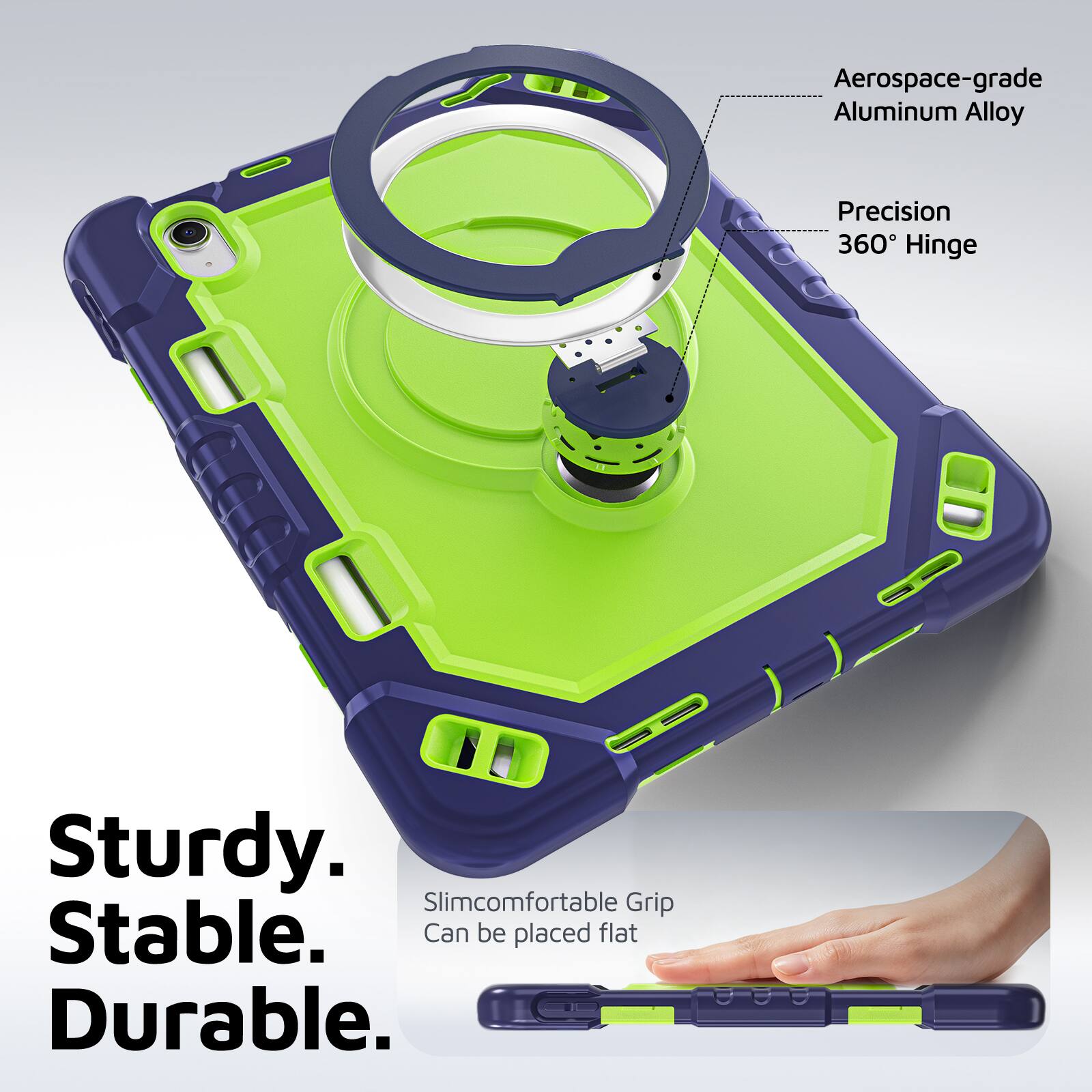 Aerospace-grade Aluminum Alloy Precision 360° Hinge. Sturdy. Slimcomfortable Grip. Stable. Can be placed flat. Durable.