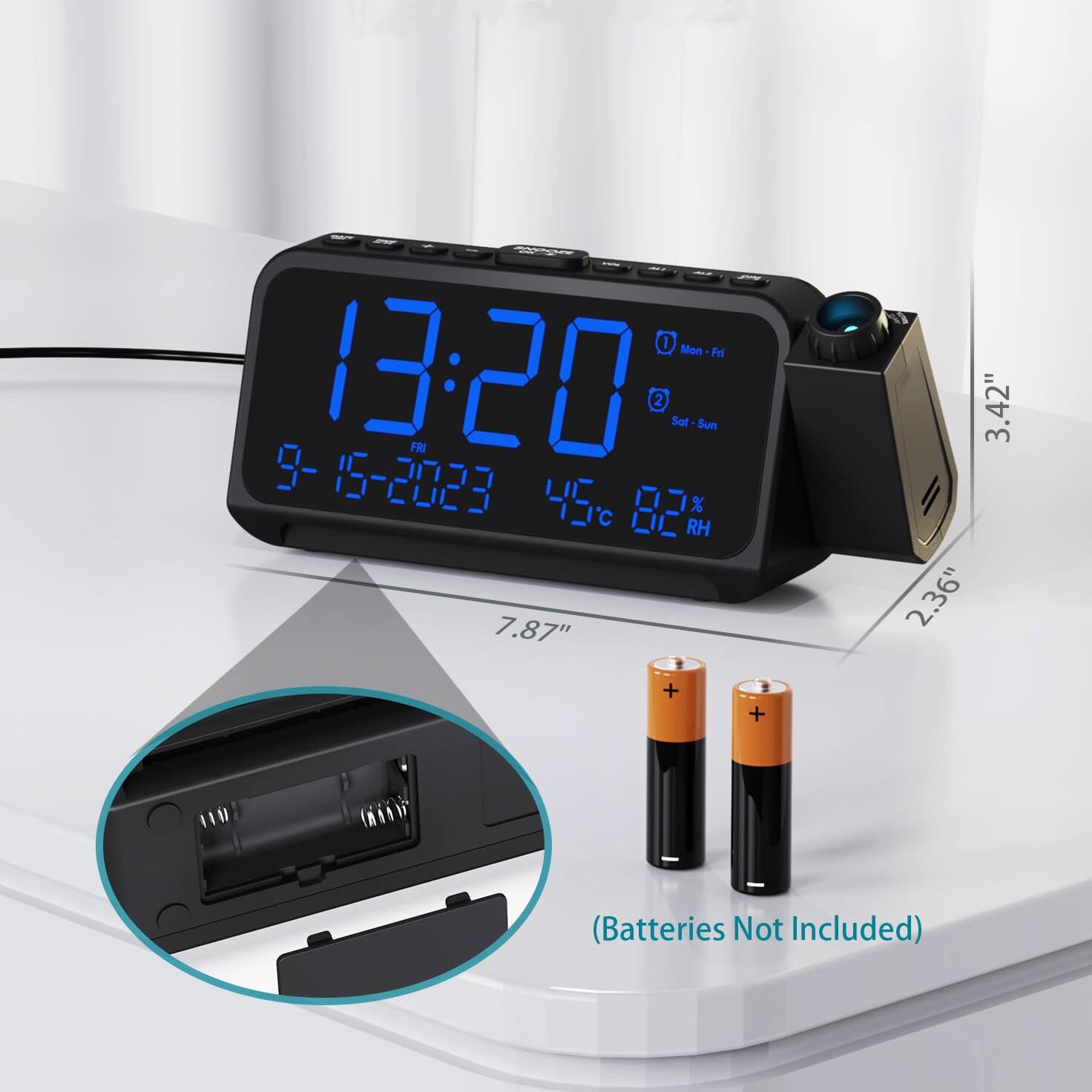 1 Mon-Fri Fri 13:20 FRI 2 Sat-Sun Set Sun 9-15-2023 45°C 82% RH 7.87" 3.42" 2.36" (Batteries Not Included)