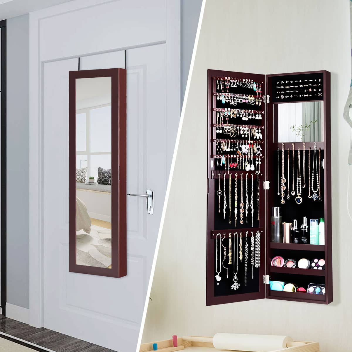 Alt View 12. Costway - Wall Door Mounted Mirrored Jewelry Cabinet Storage Organizer-Brown - Brown.
