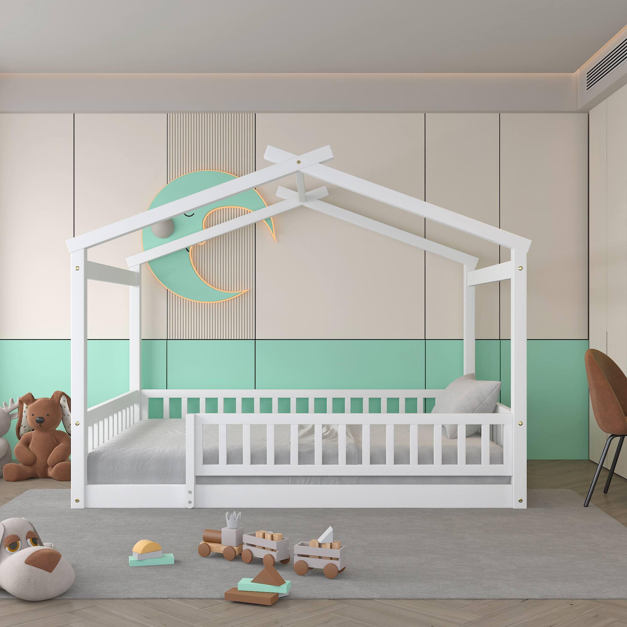 Angle. Whisen - Wood House Bed Frame with Fence for Kids and Teens - White.