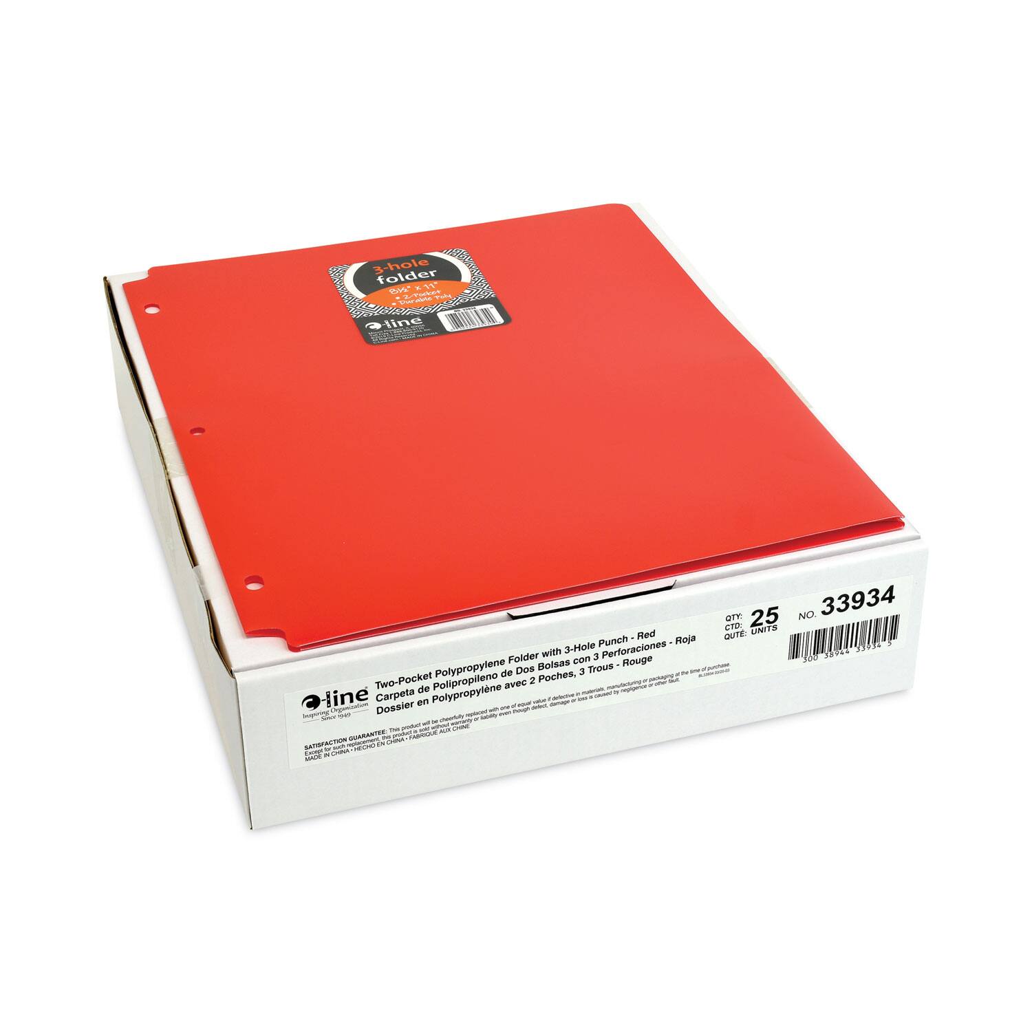 Sure, here is the corrected and grouped text:

---

**Product Information:**

- **Brand:** i-line
- **Type:** Two-Pocket Polypropylene Folder
- **Color:** Red
- **Features:** 3-Hole Punch, 3-Hole Perforations
- **Quantity:** 25 Units
- **Model Number:** 33934

**Description:**

- **English:** Two-Pocket Polypropylene Folder with 3-Hole Punch - Red
- **Spanish:** Carpeta de Polipropileno con 2 Pochos, 3 Perforaciones - Roja
- **French:** Dossier en Polypropylène avec 2 Pochoirs, 3 Perforations - Rouge

**Additional Information:**

- **Barcode:** 7545001111111
- **Product Code:** 33934
- **Units:** 25

**Guarantee:**

- **English:** SATISFACTION GUARANTEE: This product is guaranteed to meet your expectations. If not, return it for a full refund.
- **Spanish:** GARANTÍA DE SATISFACCIÓN: Este