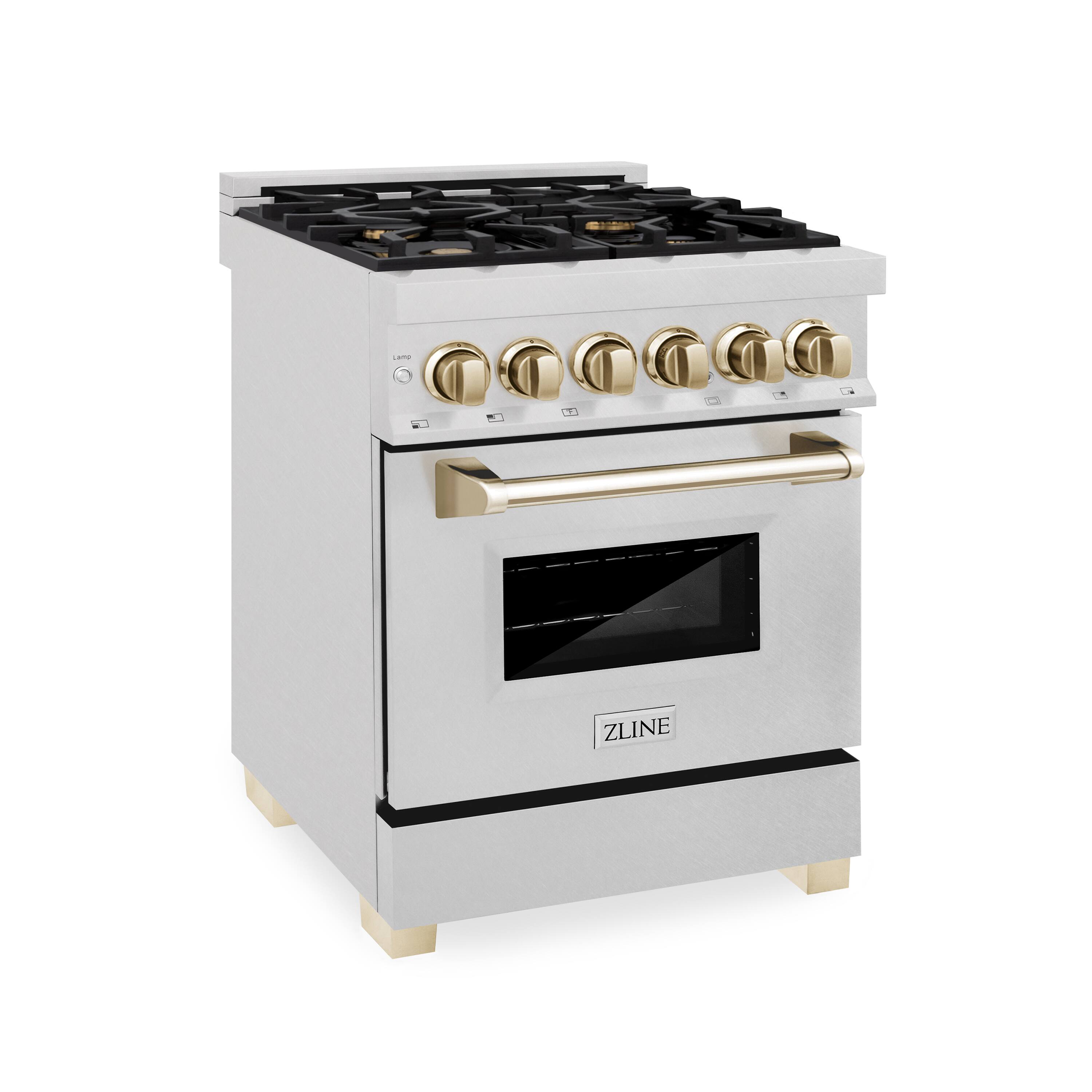 Angle. ZLINE - ZLINE Autograph 24 in. Legacy Dual Fuel Range in Satin Steel & Gold Accents (RASZ-SN-24-G) - Satin Stainless Steel.