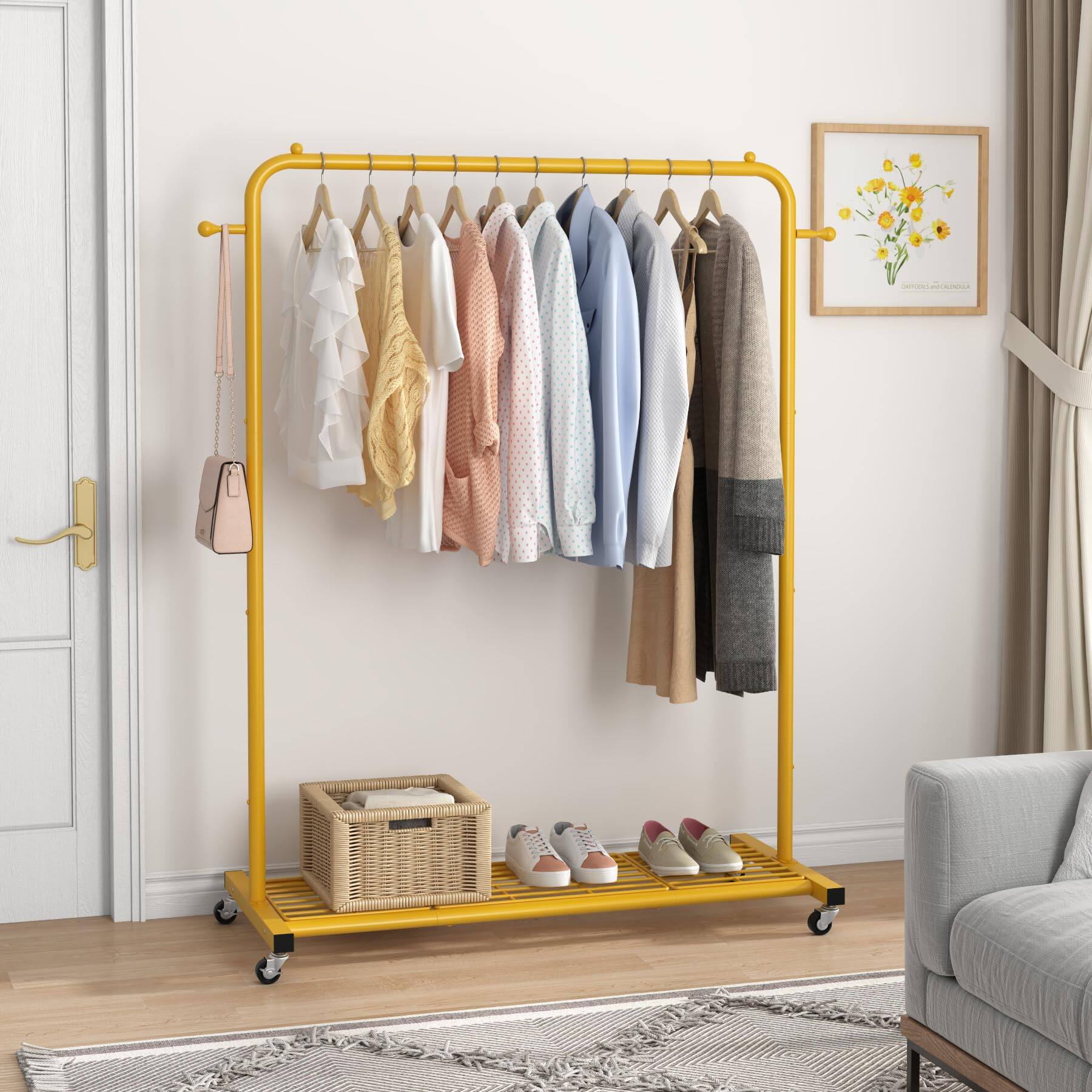 Alt View 1. ThinkLink Electronic - Clothes Rack On Wheels Clothing With Bottom Mesh Storage Shelf Sturdy Metal Frame Rolling Garment For Hanging - White.