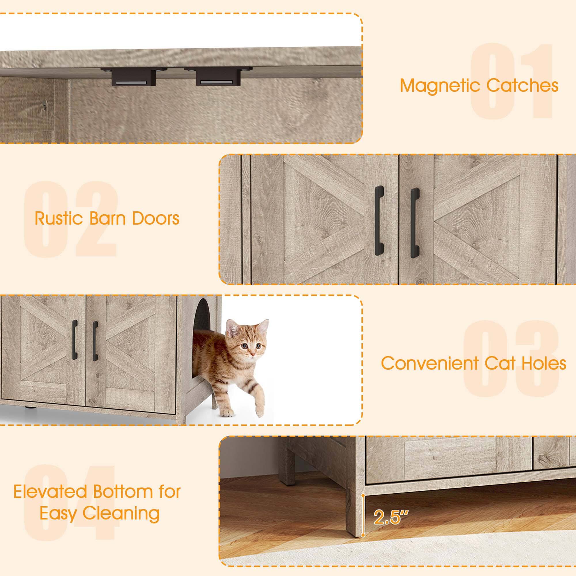 1. Magnetic Catches
2. Rustic Barn Doors
3. Convenient Cat Holes
4. Elevated Bottom for Easy Cleaning
5. 2.5"