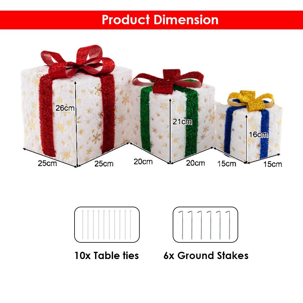 Product Dimension

- 26cm x 25cm x 25cm
- 21cm x 20cm x 20cm
- 16cm x 15cm x 15cm

10x Table ties

6x Ground Stakes