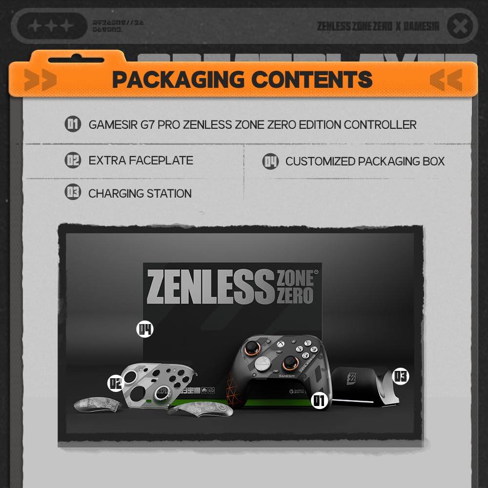 2009//24 CUCARO ZENLESS ZONE ZERO X DAMESIR

PACKAGING CONTENTS
01 GAMESIR G7 PRO ZENLESS ZONE ZERO EDITION CONTROLLER
02 EXTRA FACEPLATE
03 CHARGING STATION
04 CUSTOMIZED PACKAGING BOX