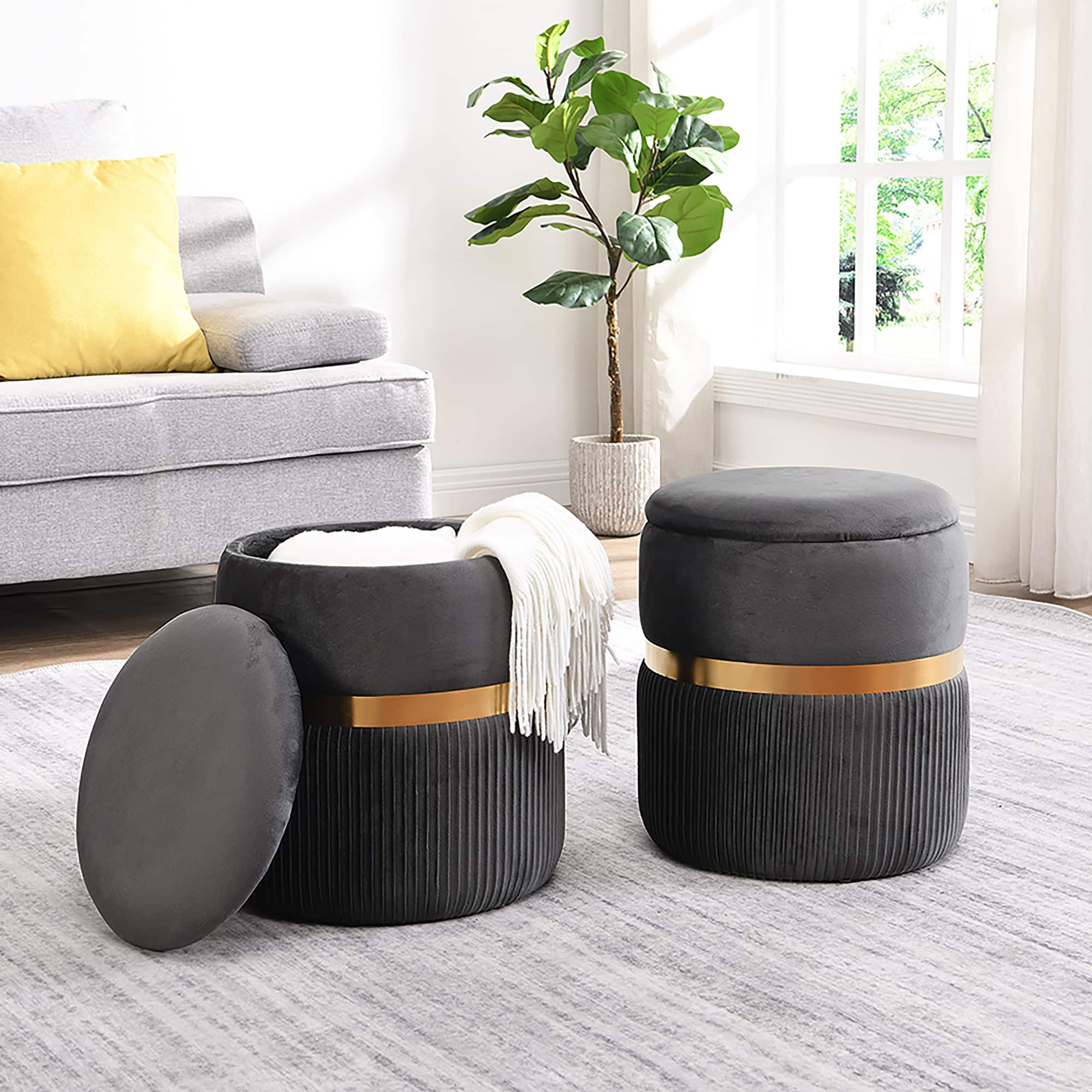 GOODSILO - Modern Velvet Round Storage Ottoman with Tufted Design for Living Room and Bedroom - Grey+Gold