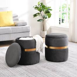 GOODSILO - Modern Velvet Round Storage Ottoman with Tufted Design for Living Room and Bedroom - Grey+Gold