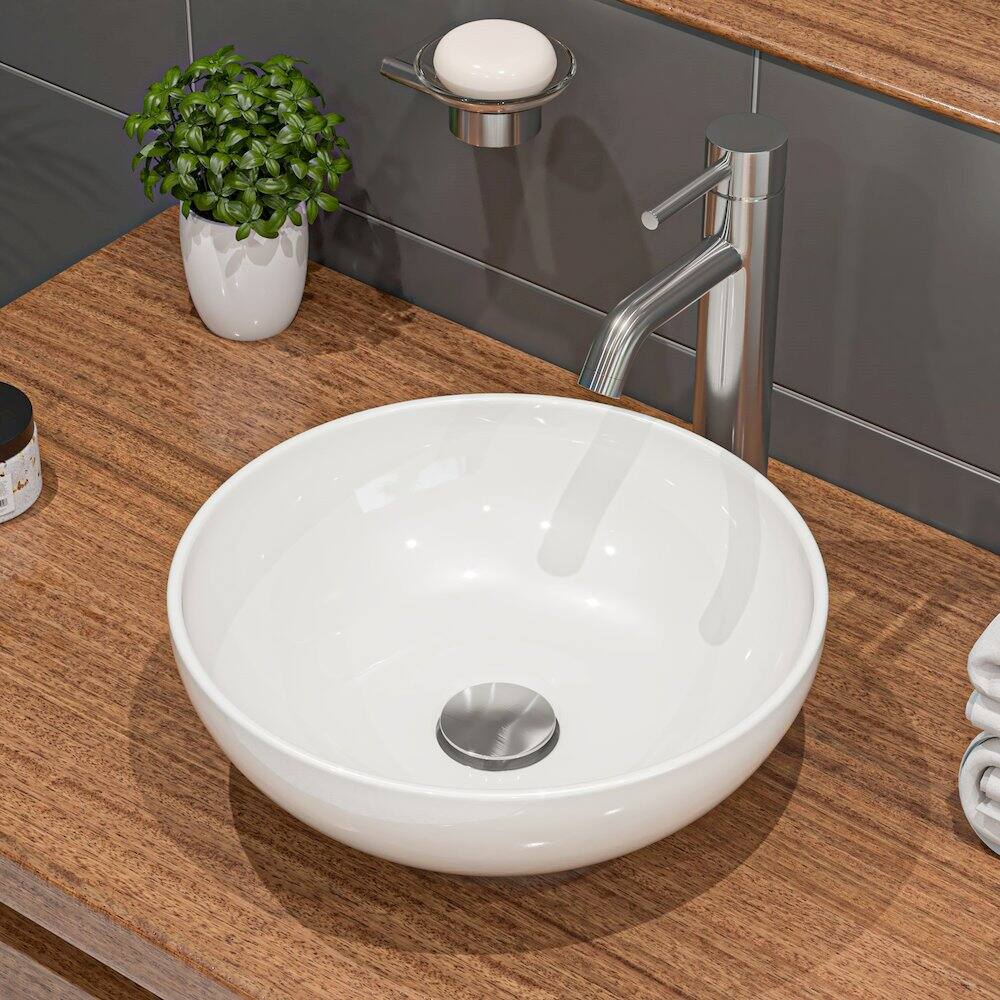 Angle. Alfi - White 15" Round Vessel Bowl Above Mount Ceramic Sink - White.