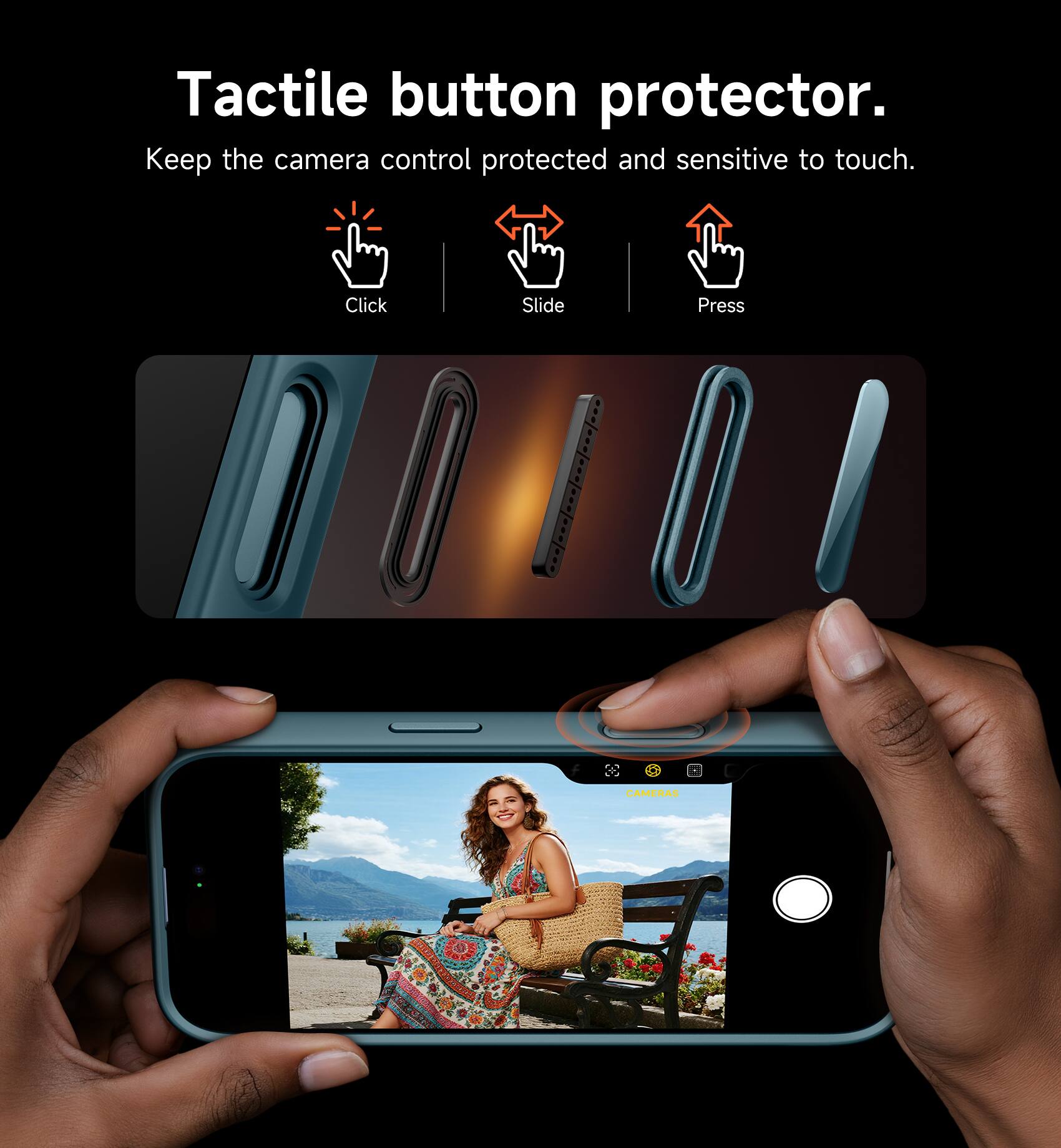 Tactile button protector.  
Keep the camera control protected and sensitive to touch.  
Click Slide Press CAMERAS