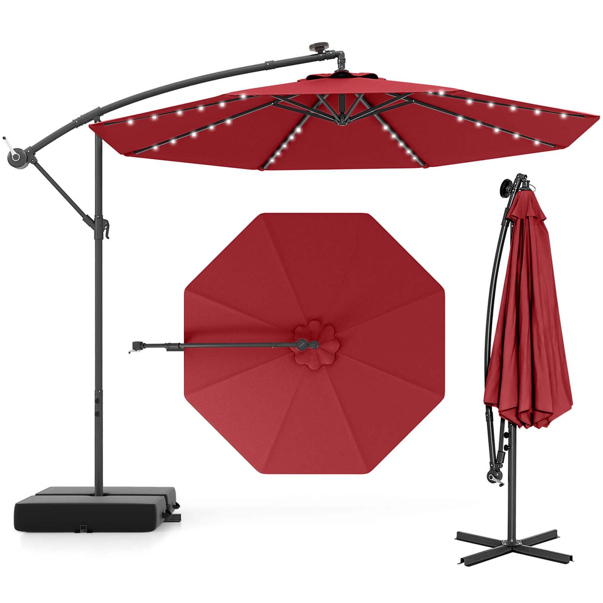 Costway - Patio 10FT Hanging Offset Umbrella 32 LED Lights Sand Bag Outdoor Cross Base - Wine