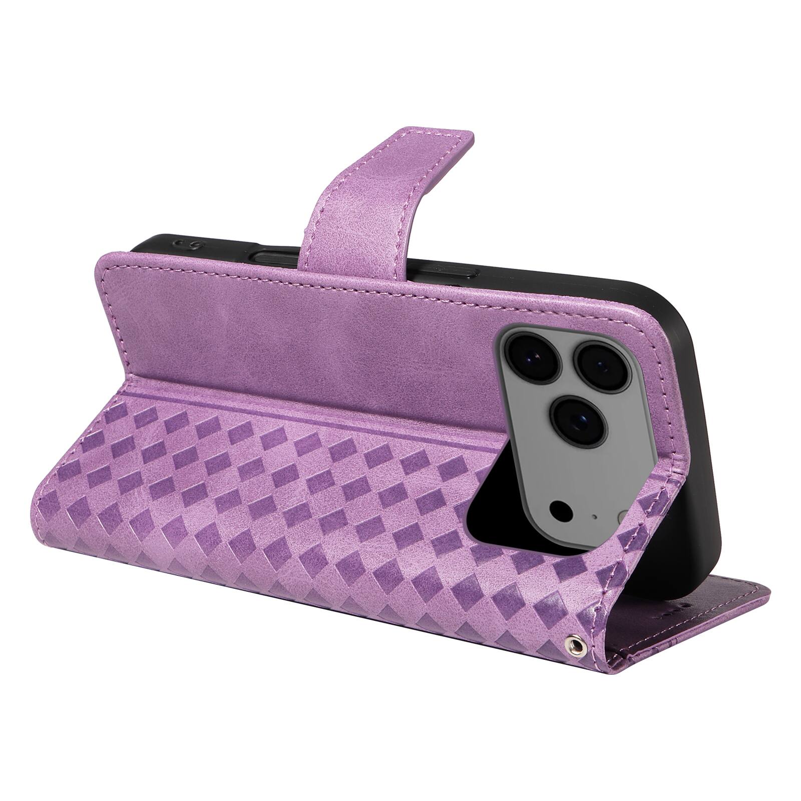 Alt View 4. Dteck - Magnetic Wallet Pocket Case For iPhone 17 Pro Max, Shockproof Faux Leather Card Pocket Wrist Strap Cover - Purple.