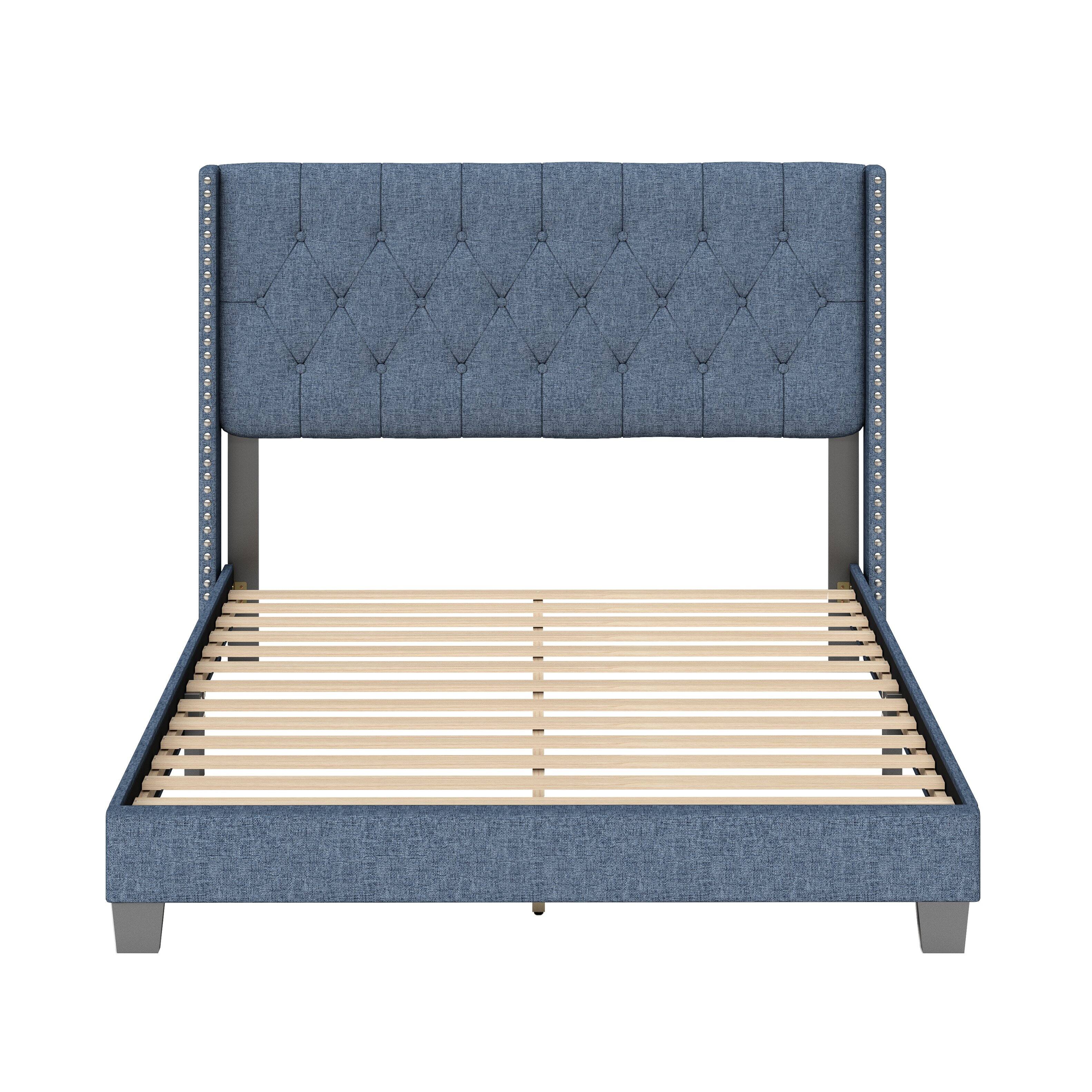 Alt View 5. Boyd Sleep - Mia Linen Platform Bed Frame with Tufted Headboard and Nailhead Trim, No Box Spring Required - Blue.