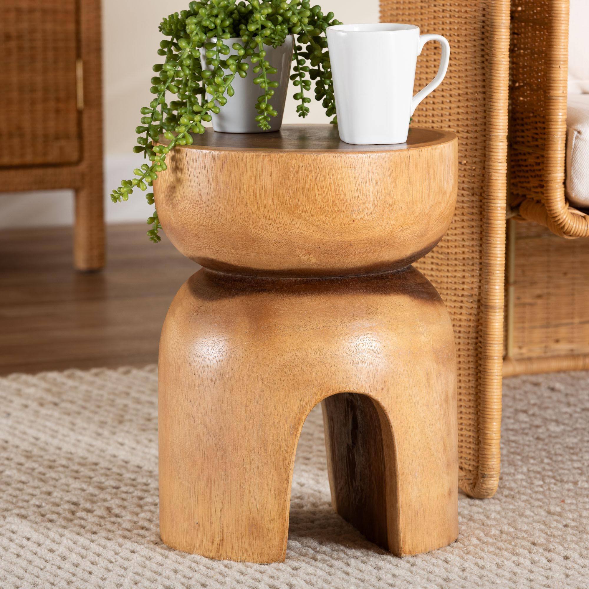 Alt View 2. bali & pari - Abrina Solid Suar Wood Side Table - Hand-Carved Sculptural End Table with Arched Base, Modern Boho Style - Natural Brown.