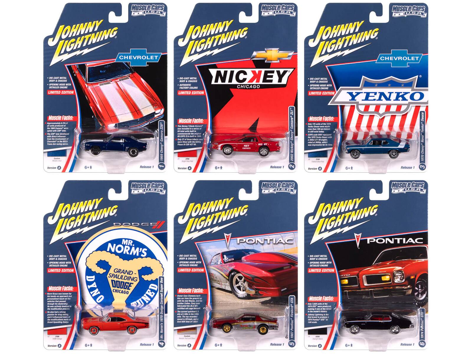 Sure, here is the corrected and grouped text from the image:

---

**Johnny Lightning**

**Chevrolet**

- DIE-CAST METAL
- OPENING HOOD WITH BODY & GLASS
- LIMITED EDITION

**Muscle Facts:**
- Approximately 8 ft. long
- 1969 Camaro
- Nickey Chevrolet
- Chicago
- 1969 Camaro
- 427 CI
- 427 CI
- 427 CI
- 427 CI
- 427 CI
- 427 CI
- 427 CI
- 427 CI
- 427 CI
- 427 CI
- 427 CI
- 427 CI
- 427 CI
- 427 CI
- 427 CI
- 427 CI
- 427 CI
- 427 CI
- 427 CI
- 427 CI
- 427 CI
- 427 CI
- 427 CI
- 427 CI
- 4