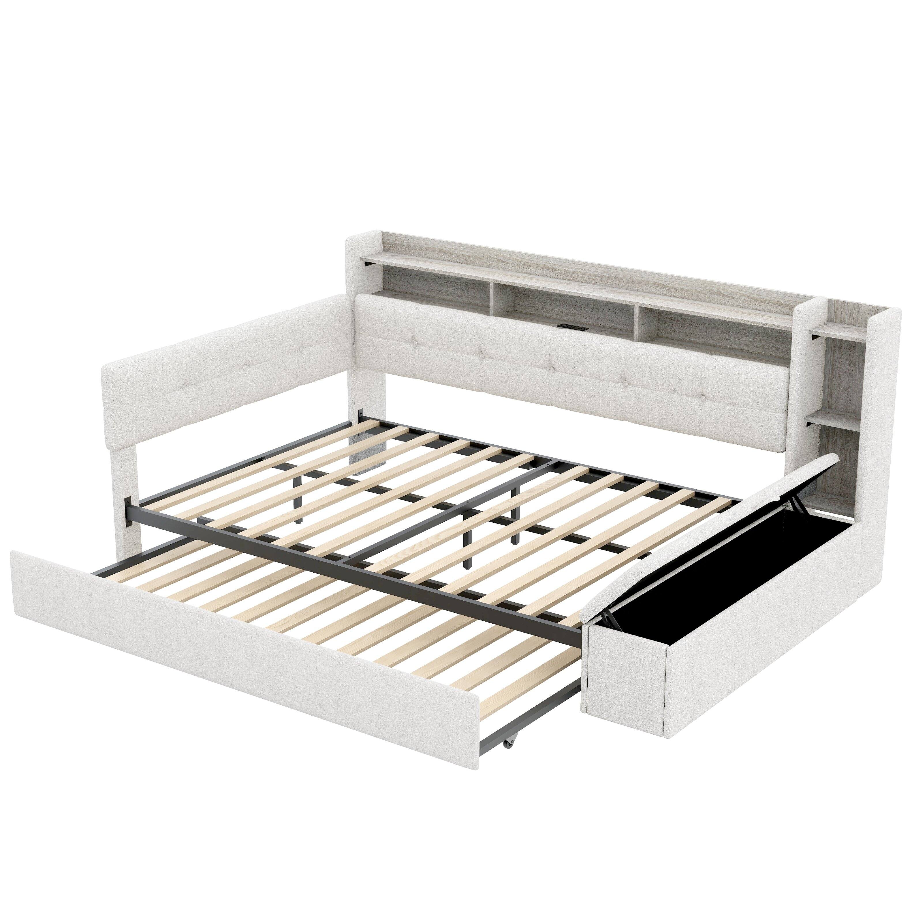 Alt View 1. Whisen - Full Size Upholstered Daybed with Trundle, Storage Shelves, LED Light & USB Charging Station - Beige.