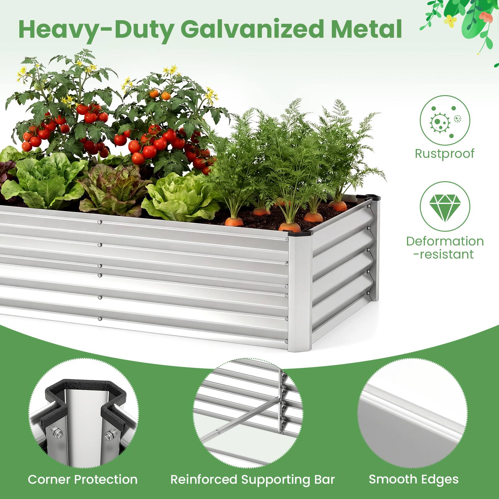 Heavy-Duty Galvanized Metal  
Rustproof  
Deformation-resistant  
Corner Protection  
Reinforced Supporting Bar  
Smooth Edges