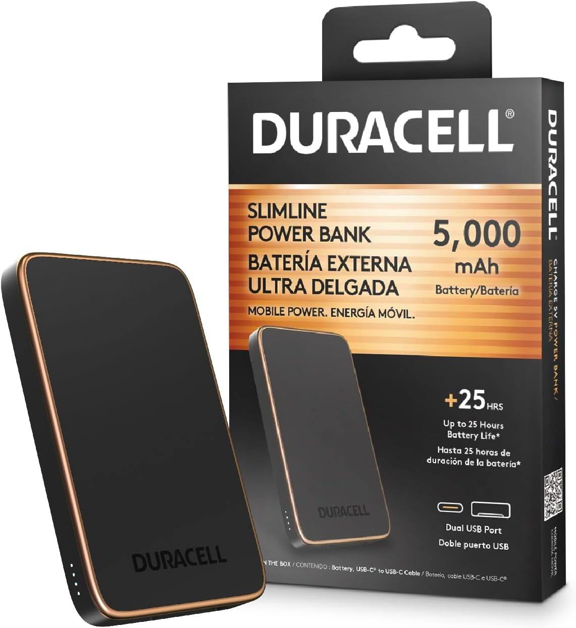 Duracell - Charge 5 Wireless 5000mAh Power Bank for iPhone, Android – Dual USB-C & USB-A Charging - Black