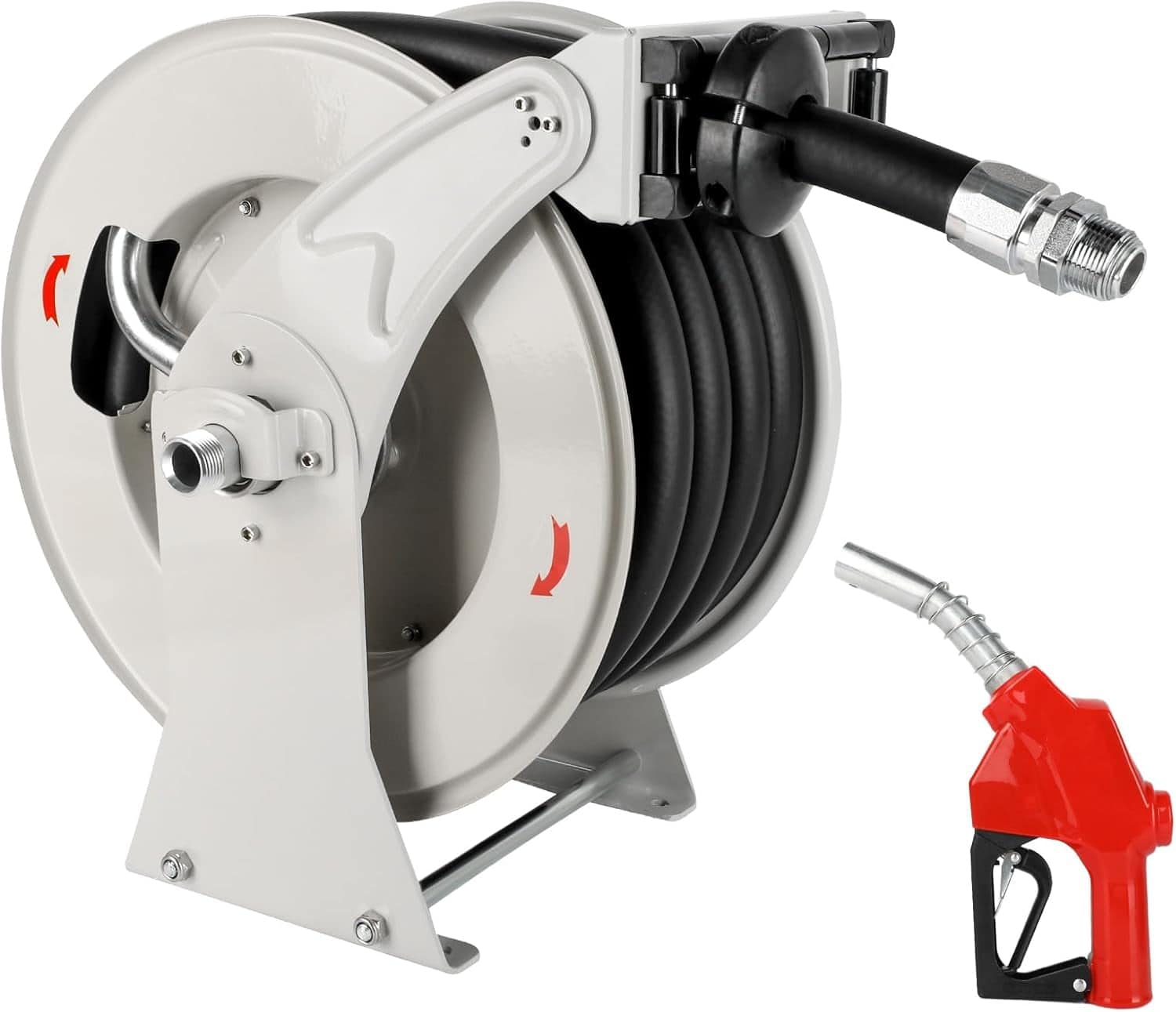 Mirfee - Fuel Hose Reel Retractable 1" x 33' Adjustable Dual Arm, All-weatherAuto Rewind, Heavy Duty Steel - White