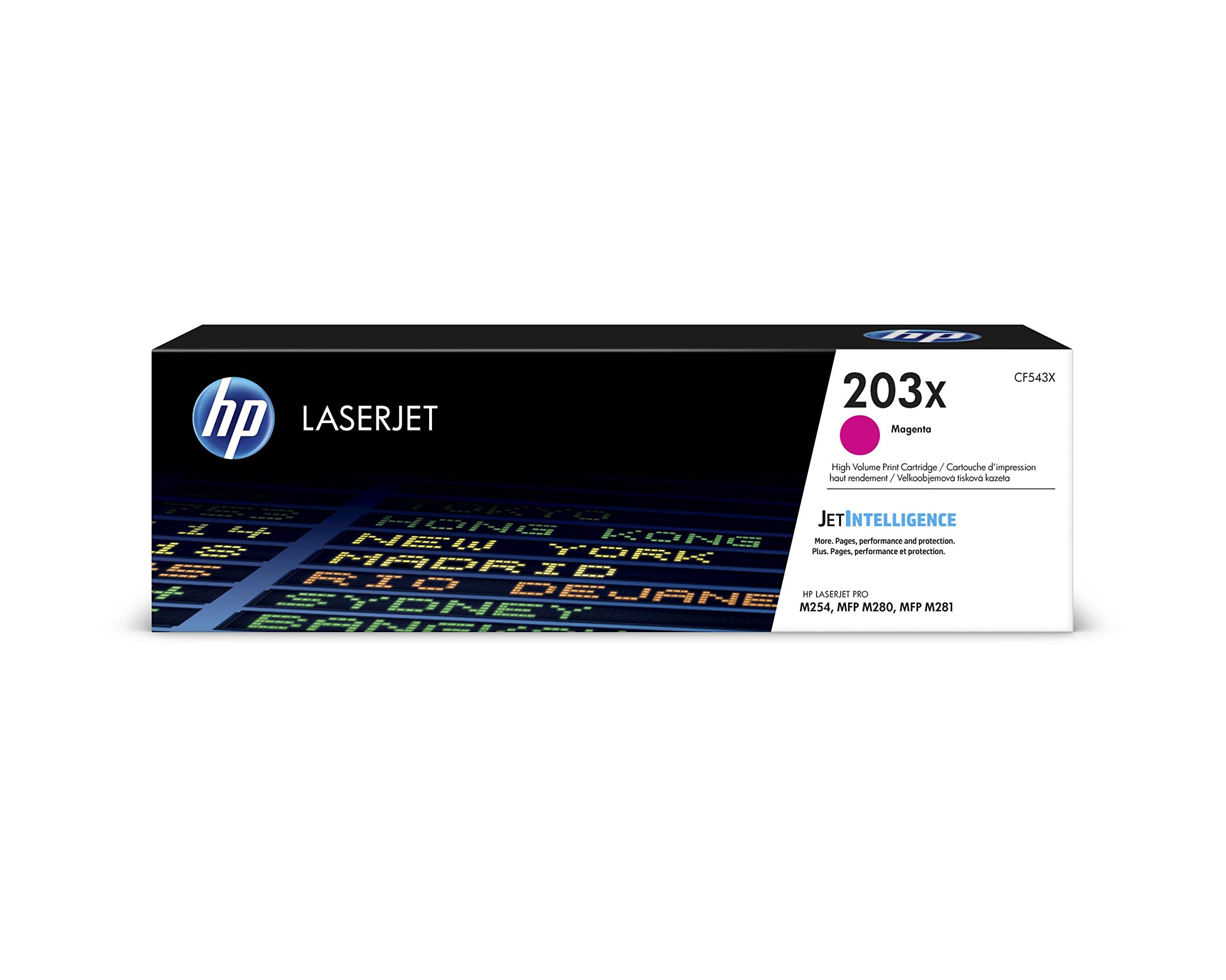 Sure, here is the corrected and grouped text from the image:

---

**HP LASERJET**

**203x Magenta**

**CF543X**

**High Volume Print Cartridge / Cartouche d'impression haute rendement / Velkoobjemová tisková káveta**

**LASERJET INTELLIGENCE**

**More Pages, performance and protection. / Plus. Pages, performance et protection.**

**HP LASERJET PRO M254, MFP M280, MFP M281**

---

This text is organized to reflect the information on the packaging of the HP LaserJet 203x Magenta cartridge.