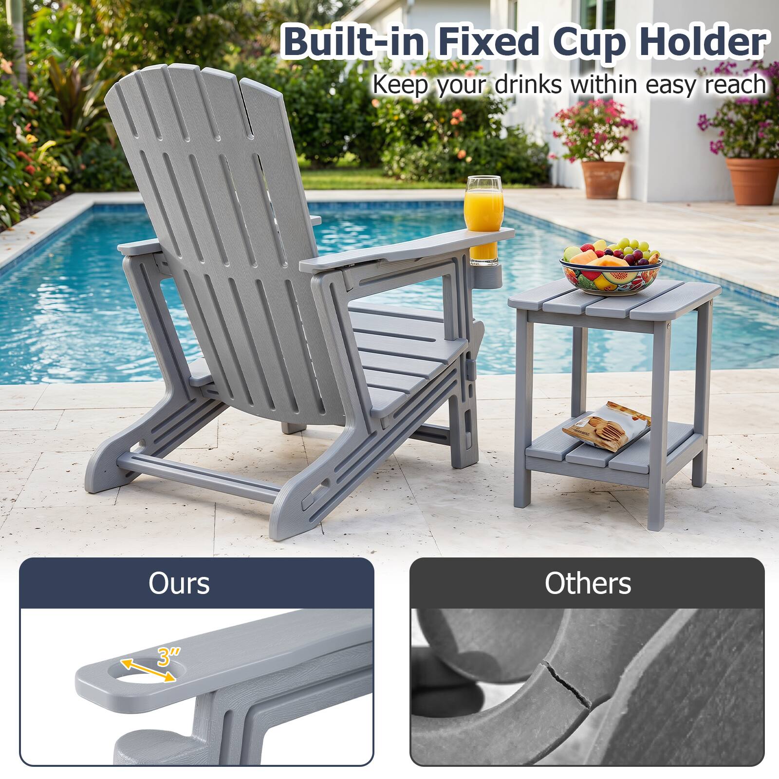 Built-in Fixed Cup Holder  
Keep your drinks within easy reach  

Ours  
Others  
3"