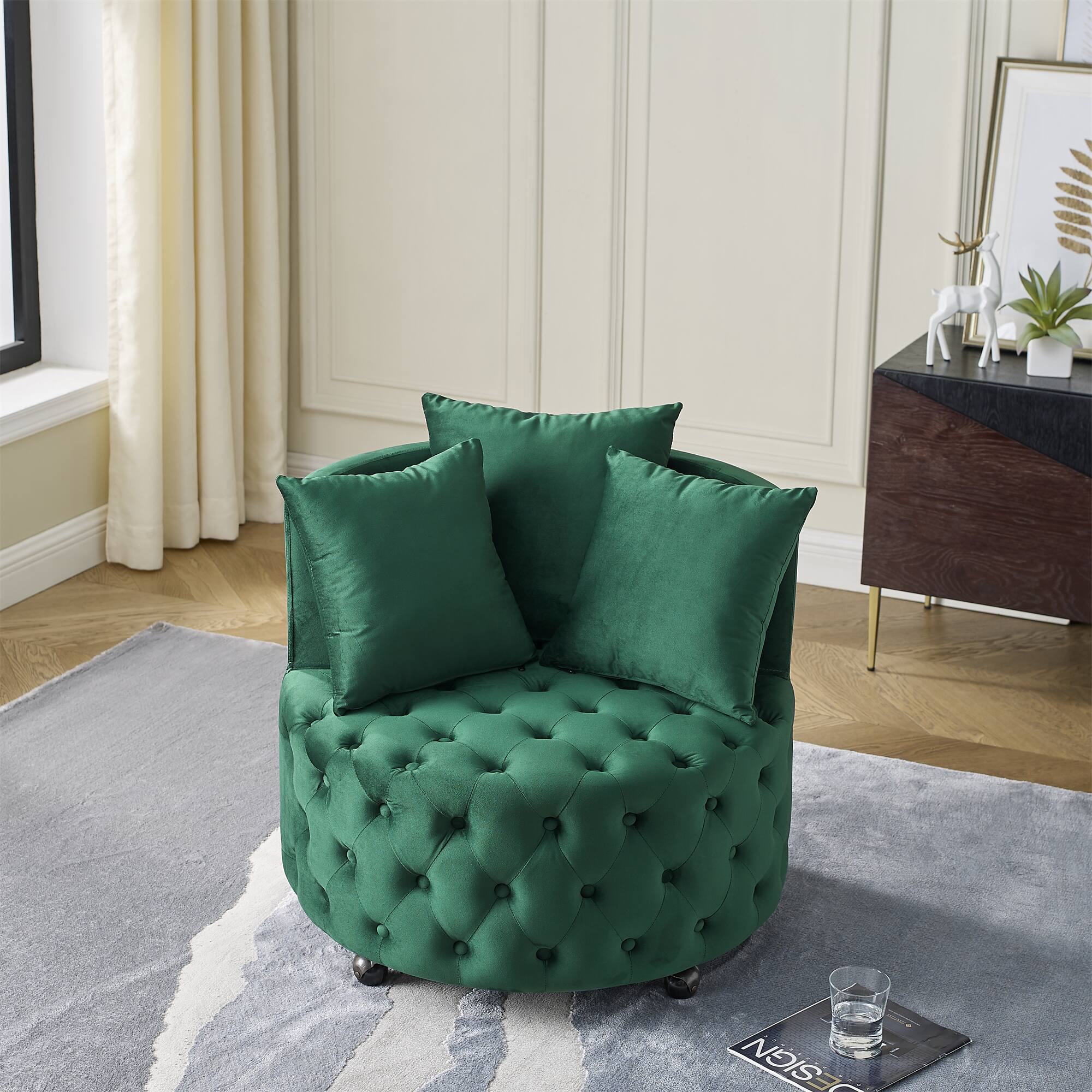 Angle. GOODSILO - Luxury Upholstered Swivel Accent Chair with Tufted Back and Caster Wheels for Elegant Home Seating - Green.