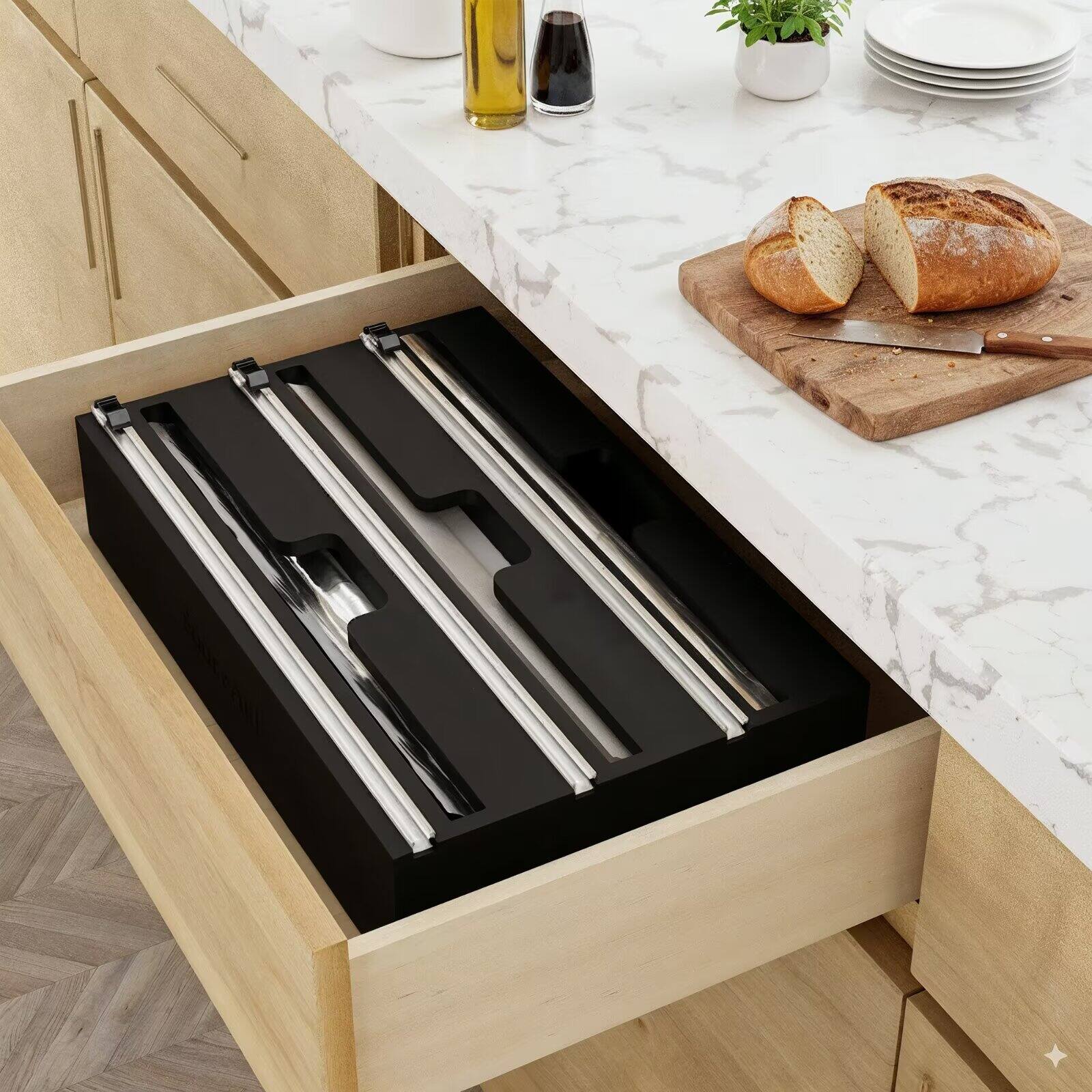 Alt View 2. Tooloton - 3 in 1 Wrap Dispenser with Cutter and Labels, Storage Holder for 12-Inch Plastic Wrap, Foil, and Wax Paper Rolls, Black - Black.