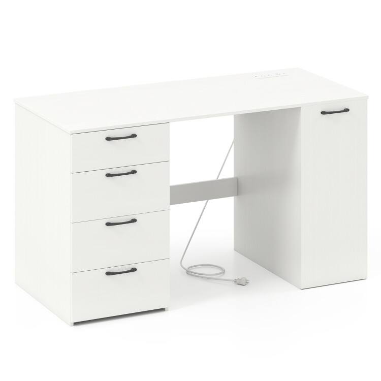 SlickBlue - Computer Desk with Power Outlets and 4 Storage Drawers for Home Office - White