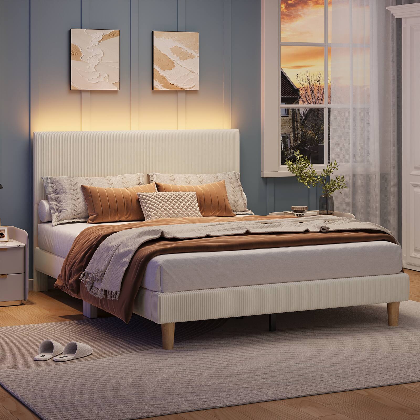 Alt View 1. Bestier - Queen Size Upholstered Bed Frame with LED Lights, Adjustable Headboard - Off White.
