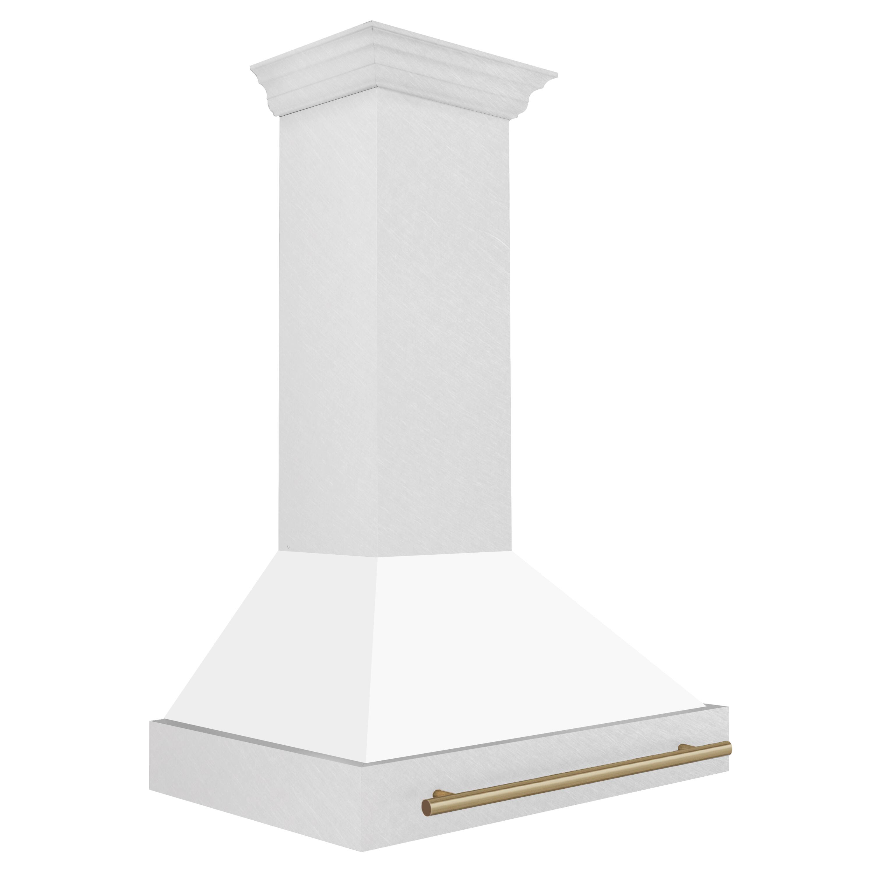 Angle. ZLINE - ZLINE Autograph 36 in. Satin Stainless Steel Wall Mount Range Hood with White Matte Shell and Champagne Bronze Handle - Satin Stainless Steel with White Matte Shell.
