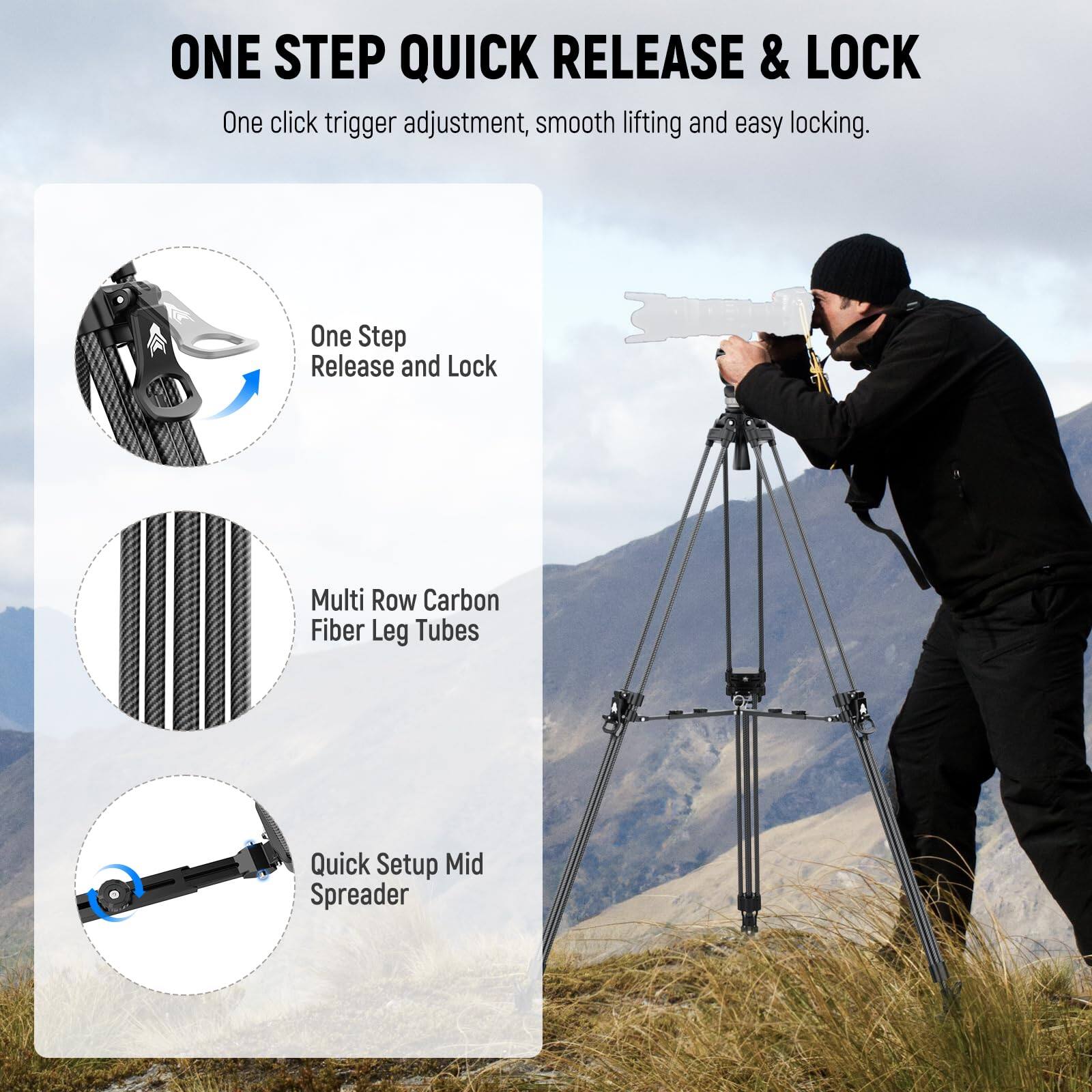 ONE STEP QUICK RELEASE & LOCK  
One click trigger adjustment, smooth lifting and easy locking.  

- One Step Release and Lock  
- Multi Row Carbon Fiber Leg Tubes  
- Quick Setup Mid Spreader