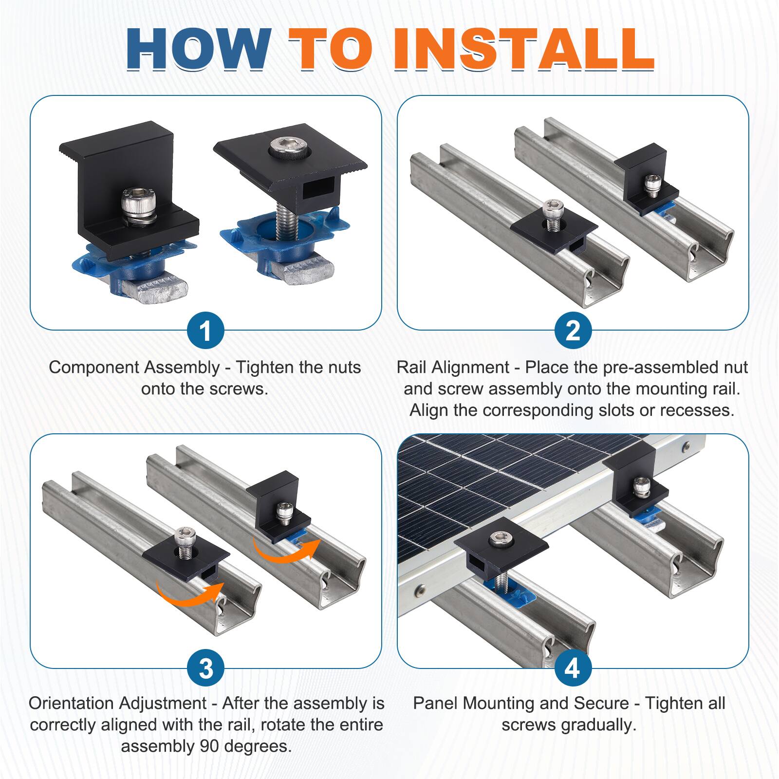 HOW TO INSTALL

1. Component Assembly - Tighten the nuts onto the screws.
2. Rail Alignment - Place the pre-assembled nut and screw assembly onto the mounting rail. Align the corresponding slots or recesses.
3. Orientation Adjustment - After the assembly is correctly aligned with the rail, rotate the entire assembly 90 degrees.
4. Panel Mounting and Secure - Tighten all screws gradually.