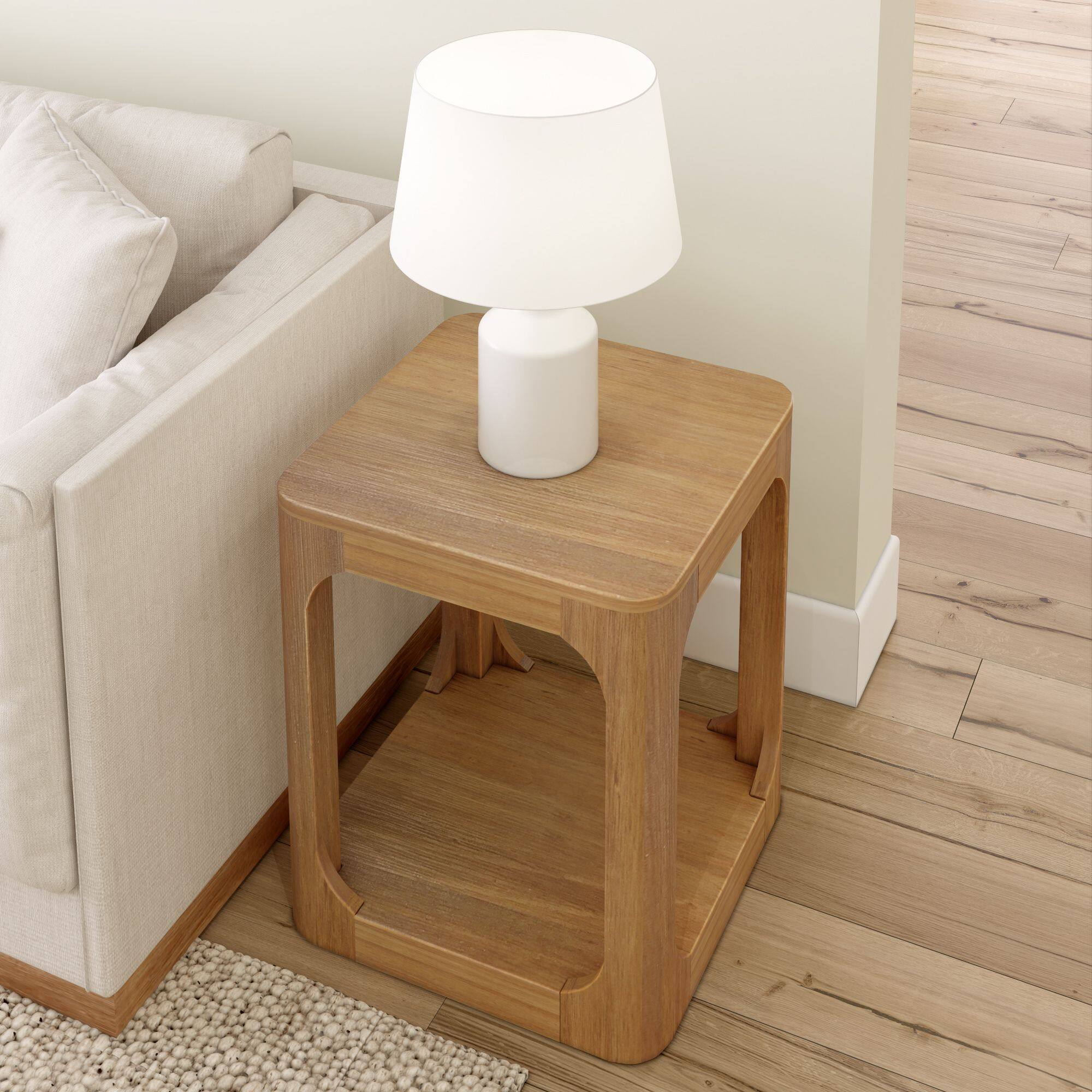 Alt View 4. Plank+Beam - Modern Rounded Square Side Table with Shelf (20in x 20in / 510mm x 510mm), Pecan - Pecan.